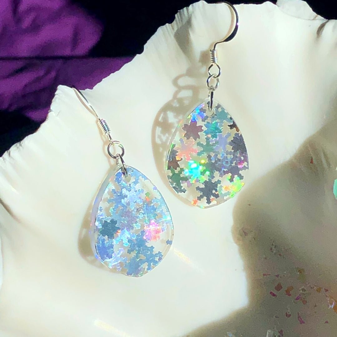 Holographic Snowflake Tiny Teardrop Earrings - Driftless Enchantments