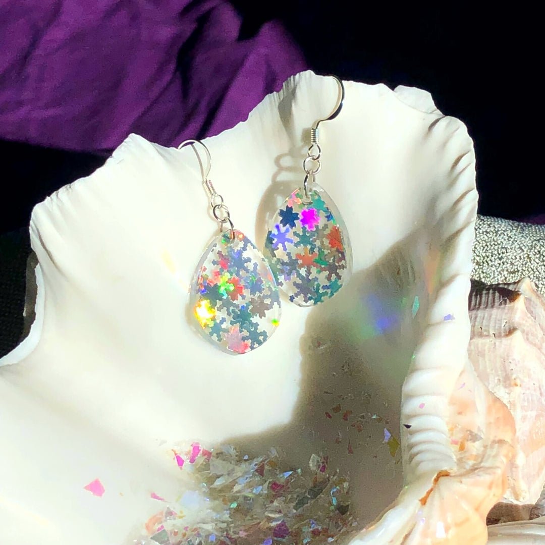 Holographic Snowflake Tiny Teardrop Earrings - Driftless Enchantments