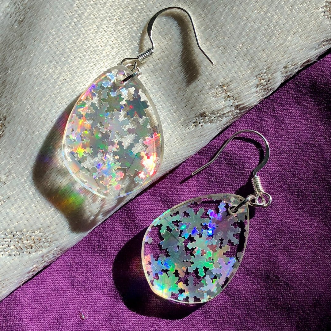 Holographic Snowflake Tiny Teardrop Earrings - Driftless Enchantments