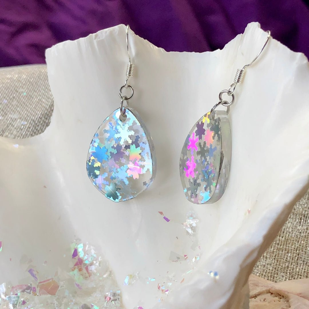 Holographic Snowflake Tiny Teardrop Earrings - Driftless Enchantments