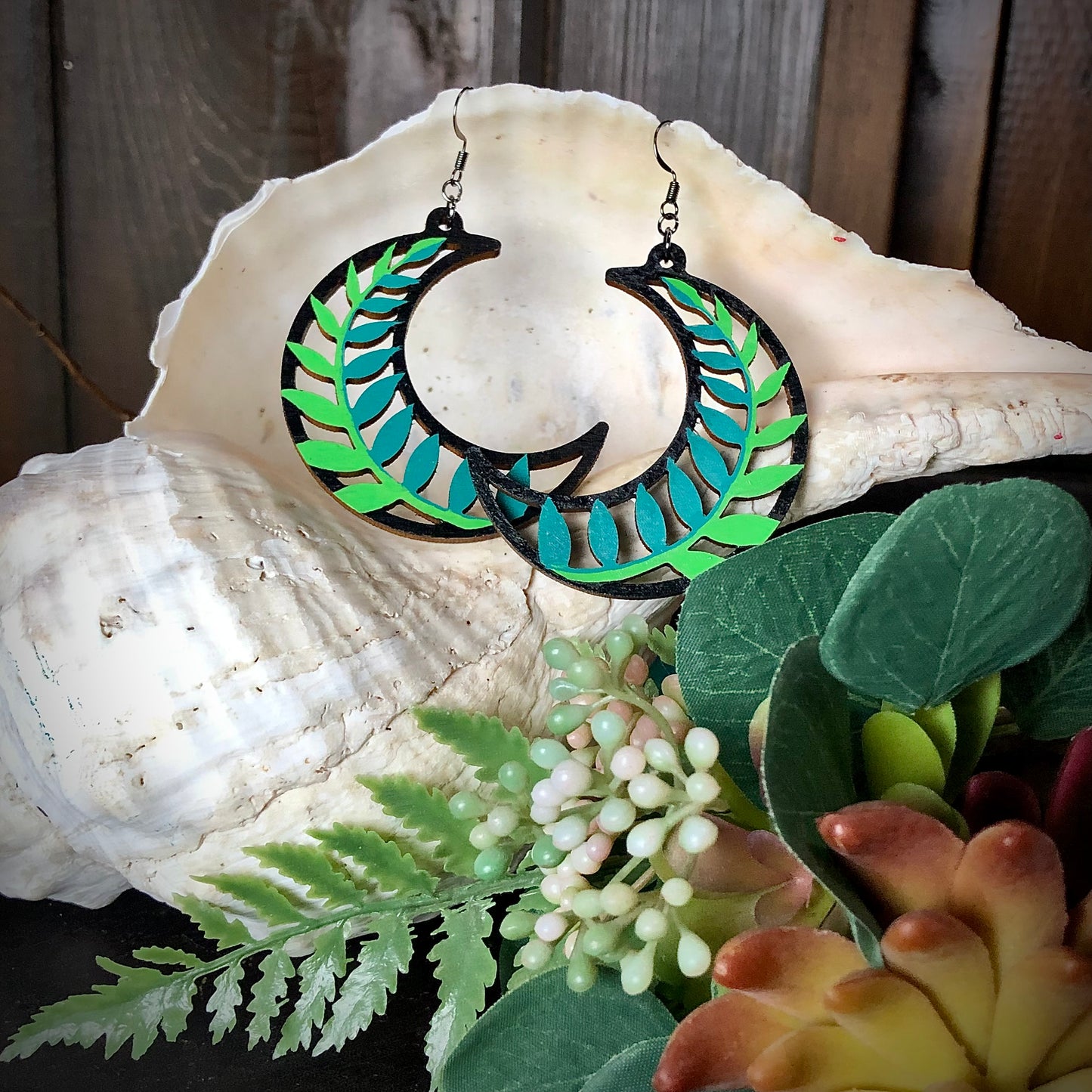 Moonflower - Bright Night - Hand-Painted Wood Earrings - Painted Raina