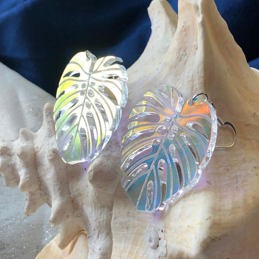 Iridescent Monstera Leaf Earrings - Driftless Enchantments