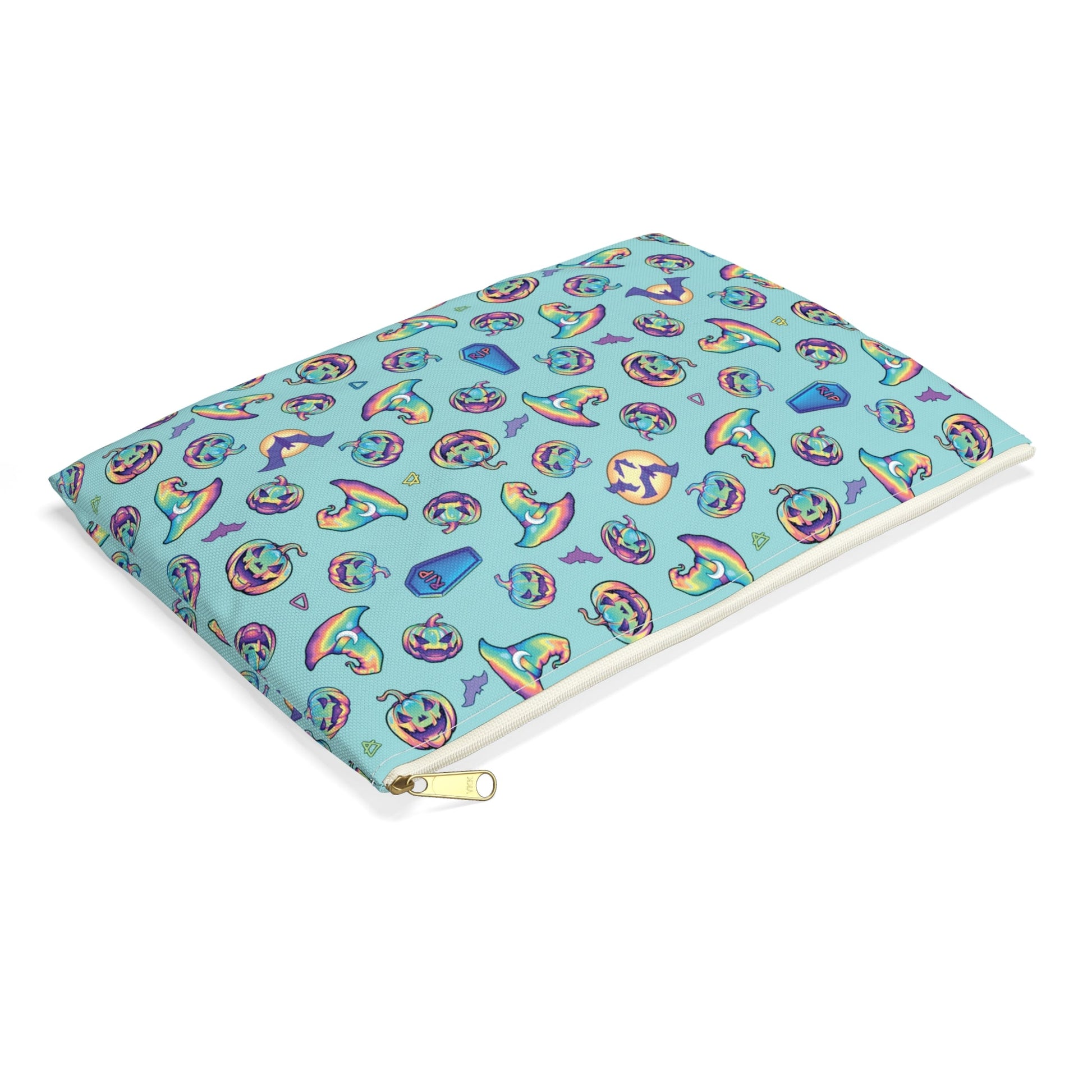 Jack-o’-Lanterns, Bats & Witch Hats Accessory Pouch - Aqua - Driftless Enchantments