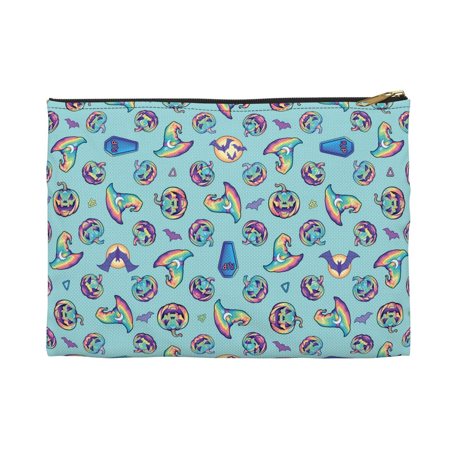 Jack-o’-Lanterns, Bats & Witch Hats Accessory Pouch - Aqua - Driftless Enchantments