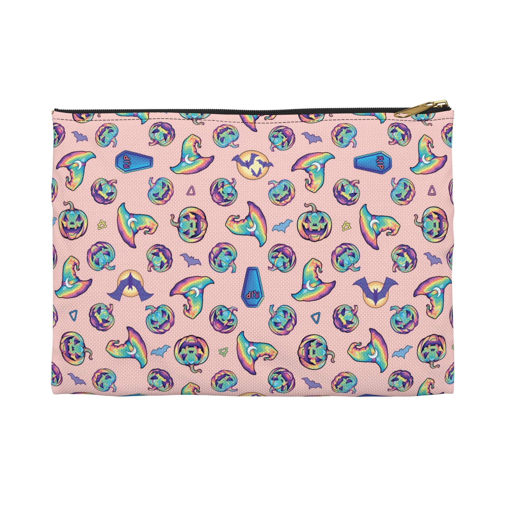 Jack-o’-Lanterns, Bats & Witch Hats Accessory Pouch - Coral - Driftless Enchantments
