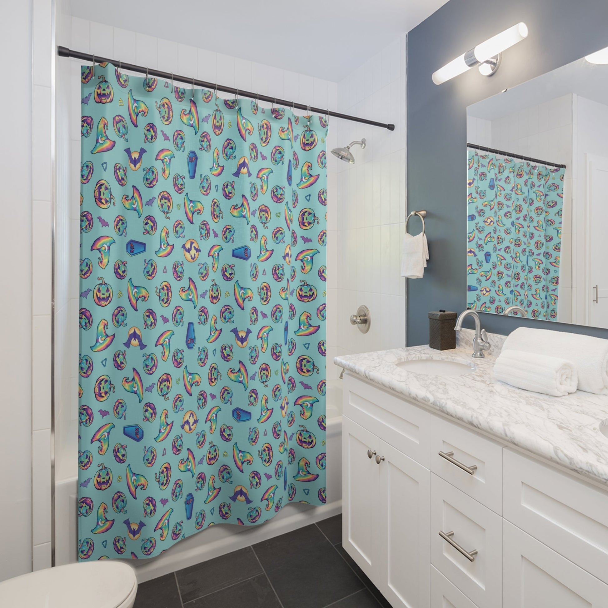 Jack-o’-Lanterns, Bats & Witch Hats Shower Curtain - Aqua - Driftless Enchantments