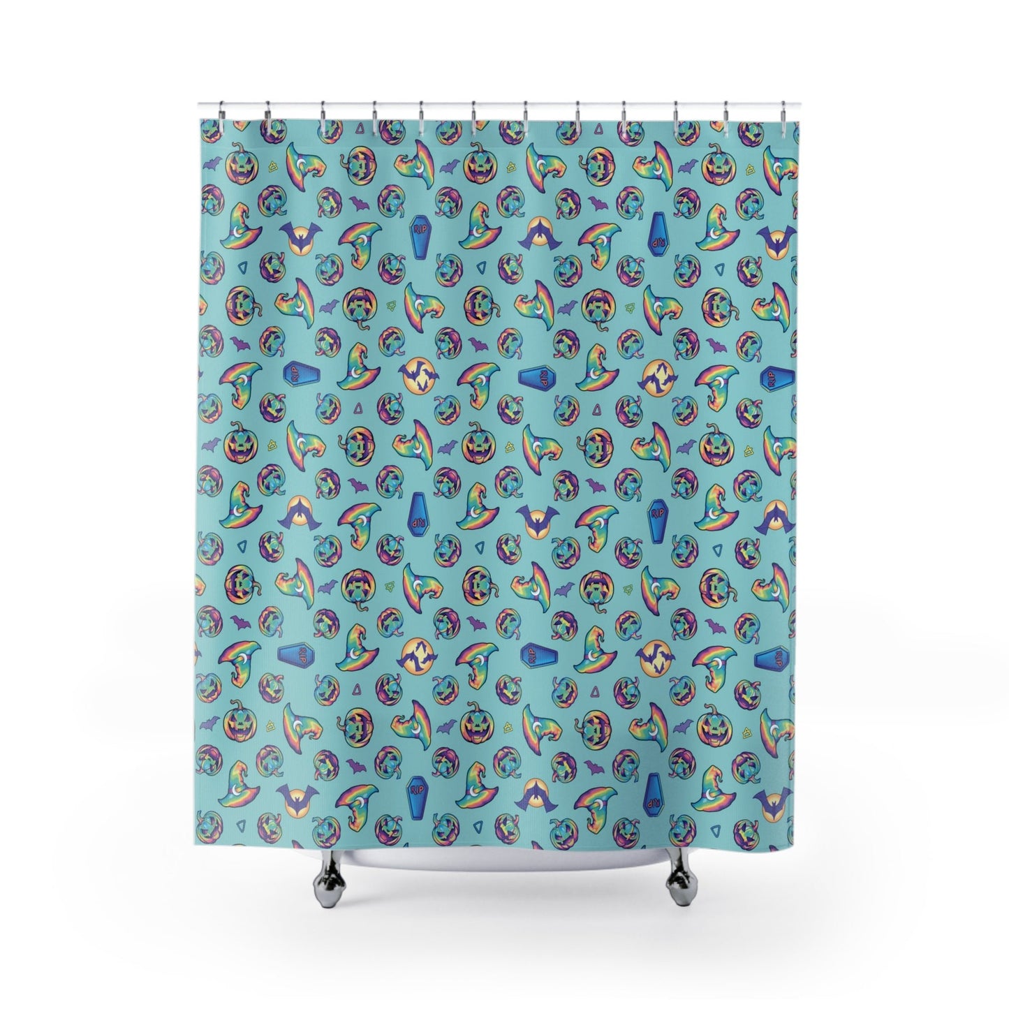 Jack-o’-Lanterns, Bats & Witch Hats Shower Curtain - Aqua - Driftless Enchantments
