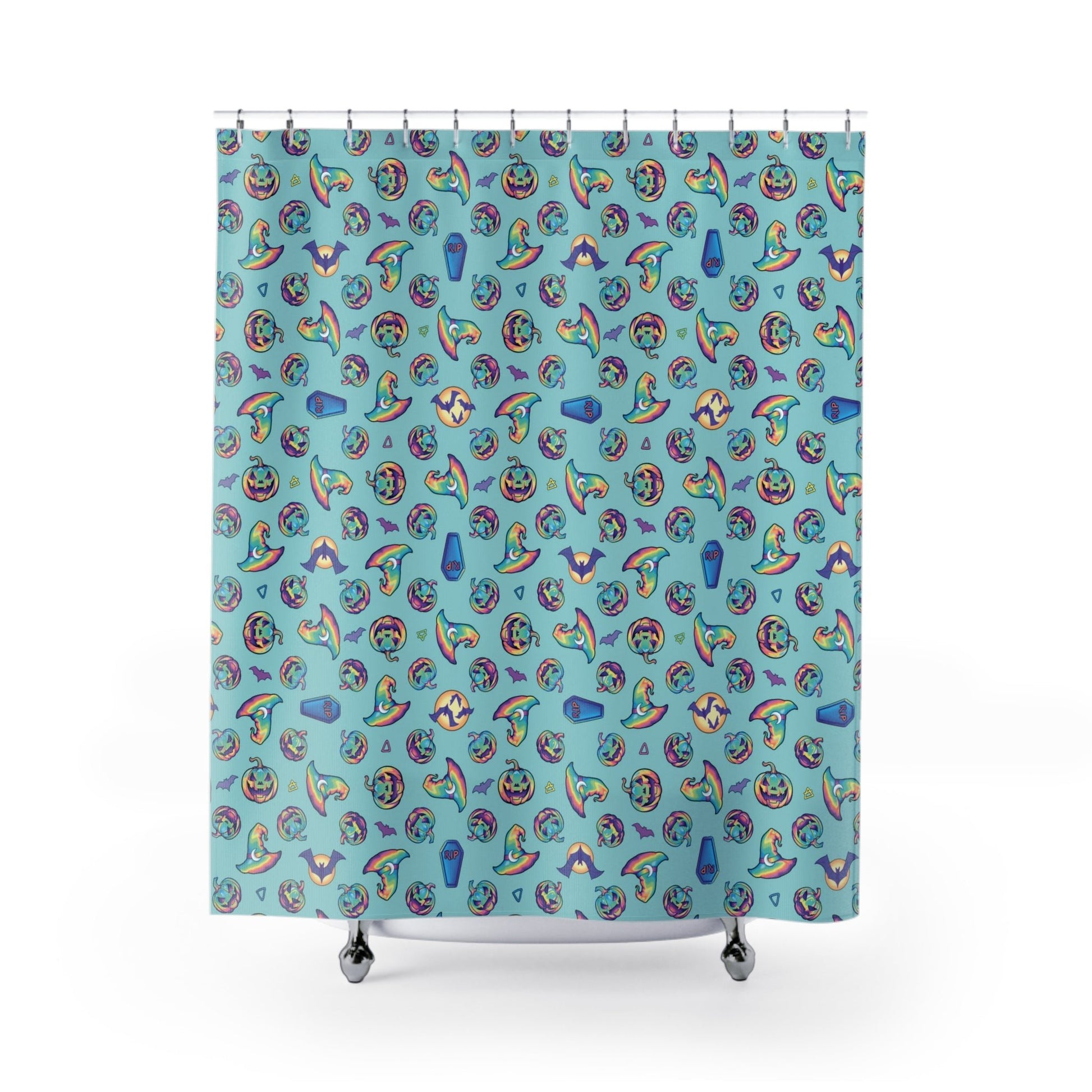 Jack-o’-Lanterns, Bats & Witch Hats Shower Curtain - Aqua - Driftless Enchantments