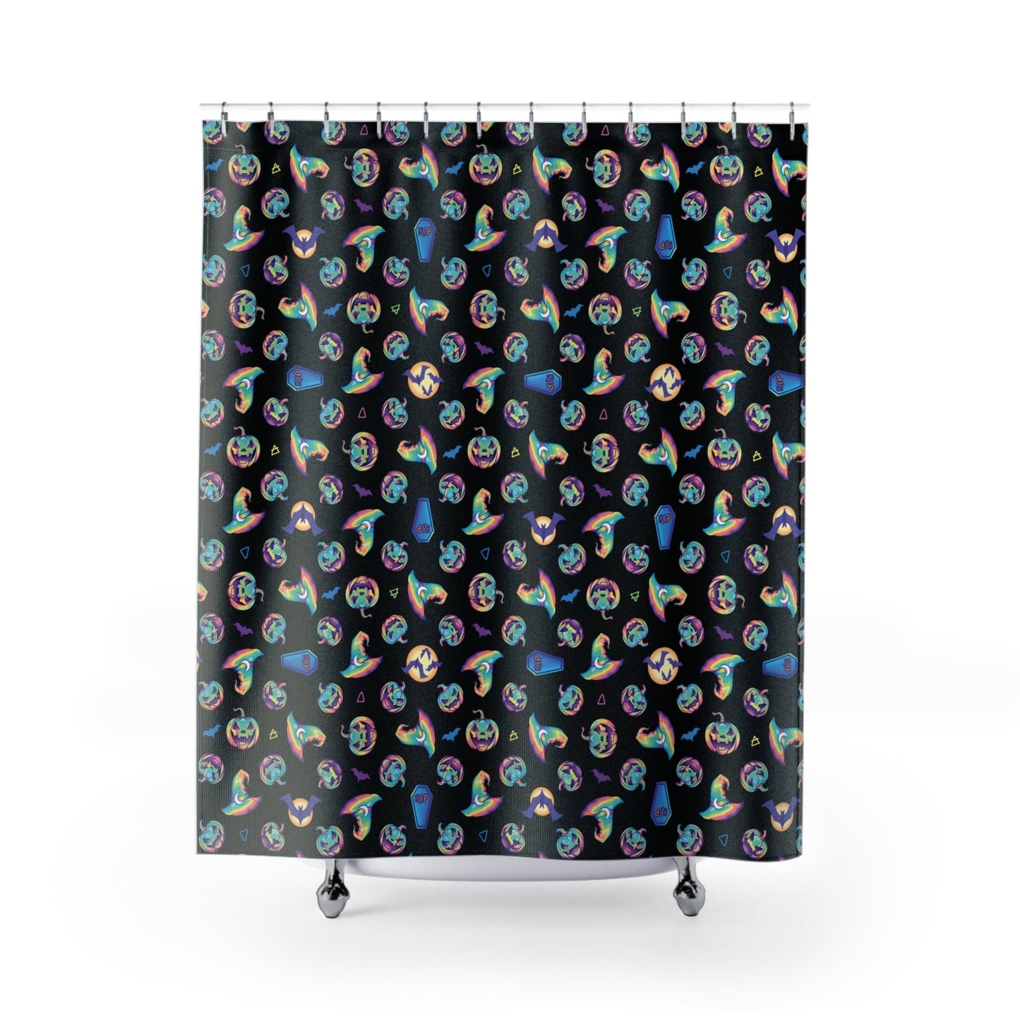Jack-o’-Lanterns, Bats & Witch Hats Shower Curtain - Black - Driftless Enchantments