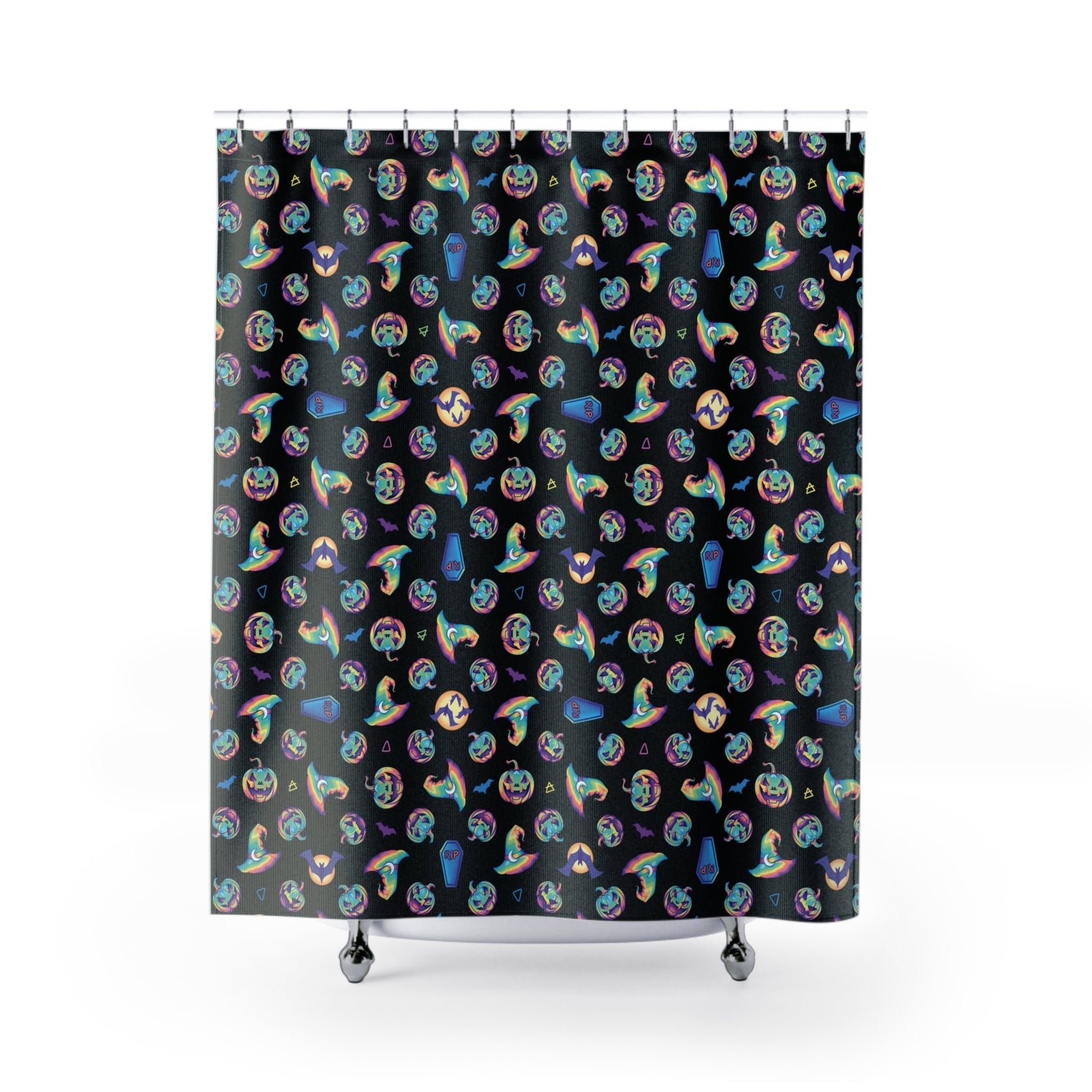 Jack-o’-Lanterns, Bats & Witch Hats Shower Curtain - Black - Driftless Enchantments