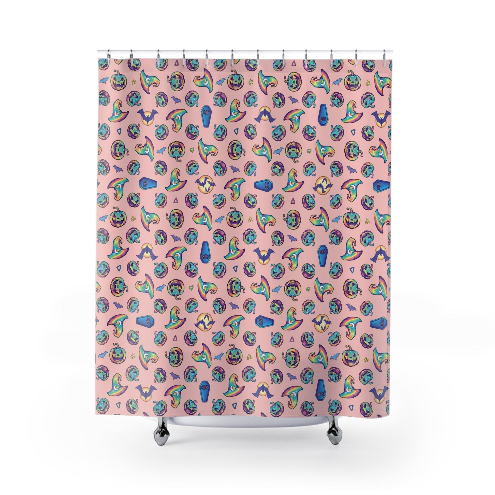 Jack-o’-Lanterns, Bats & Witch Hats Shower Curtain - Coral - Driftless Enchantments
