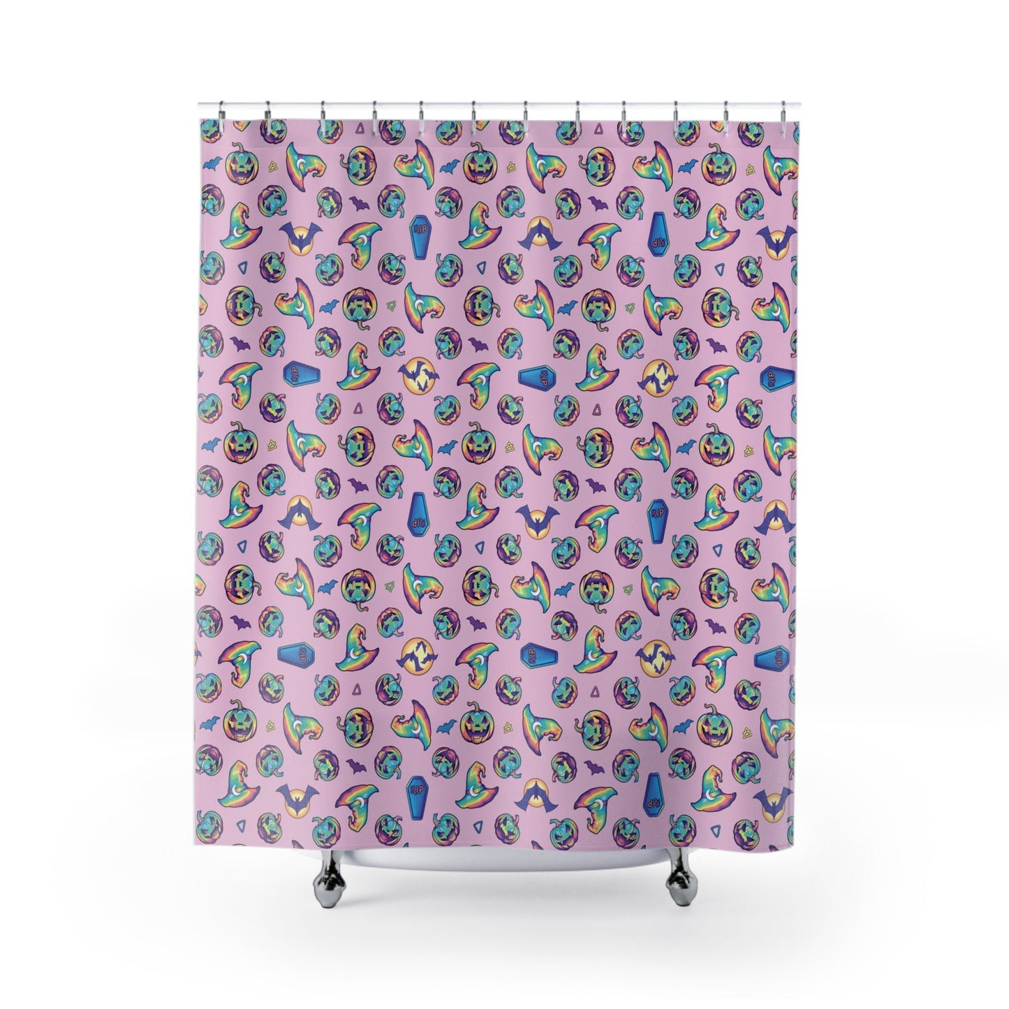 Jack-o’-Lanterns, Bats & Witch Hats Shower Curtain - Pink - Driftless Enchantments