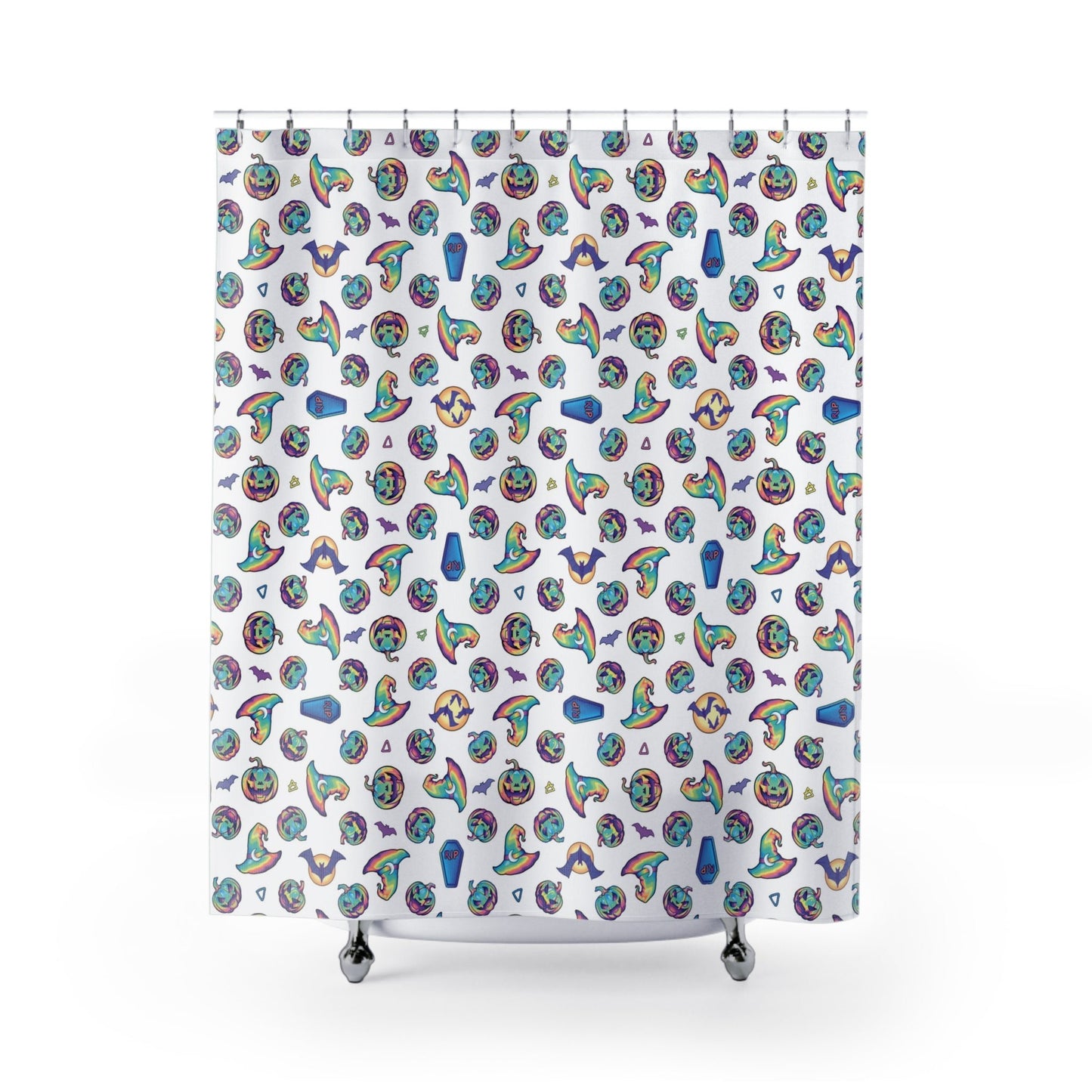 Jack-o’-Lanterns, Bats & Witch Hats Shower Curtain - White - Driftless Enchantments