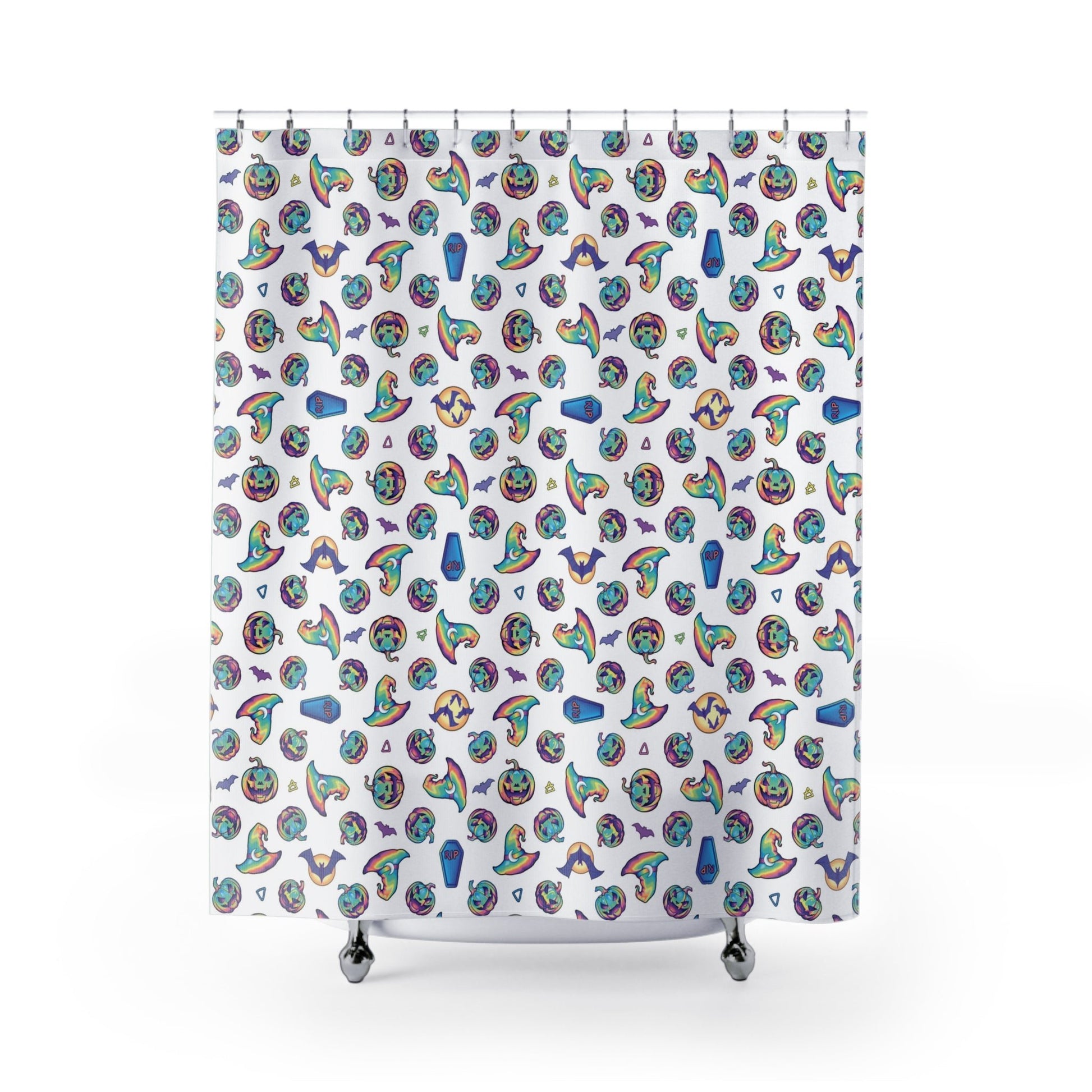 Jack-o’-Lanterns, Bats & Witch Hats Shower Curtain - White - Driftless Enchantments