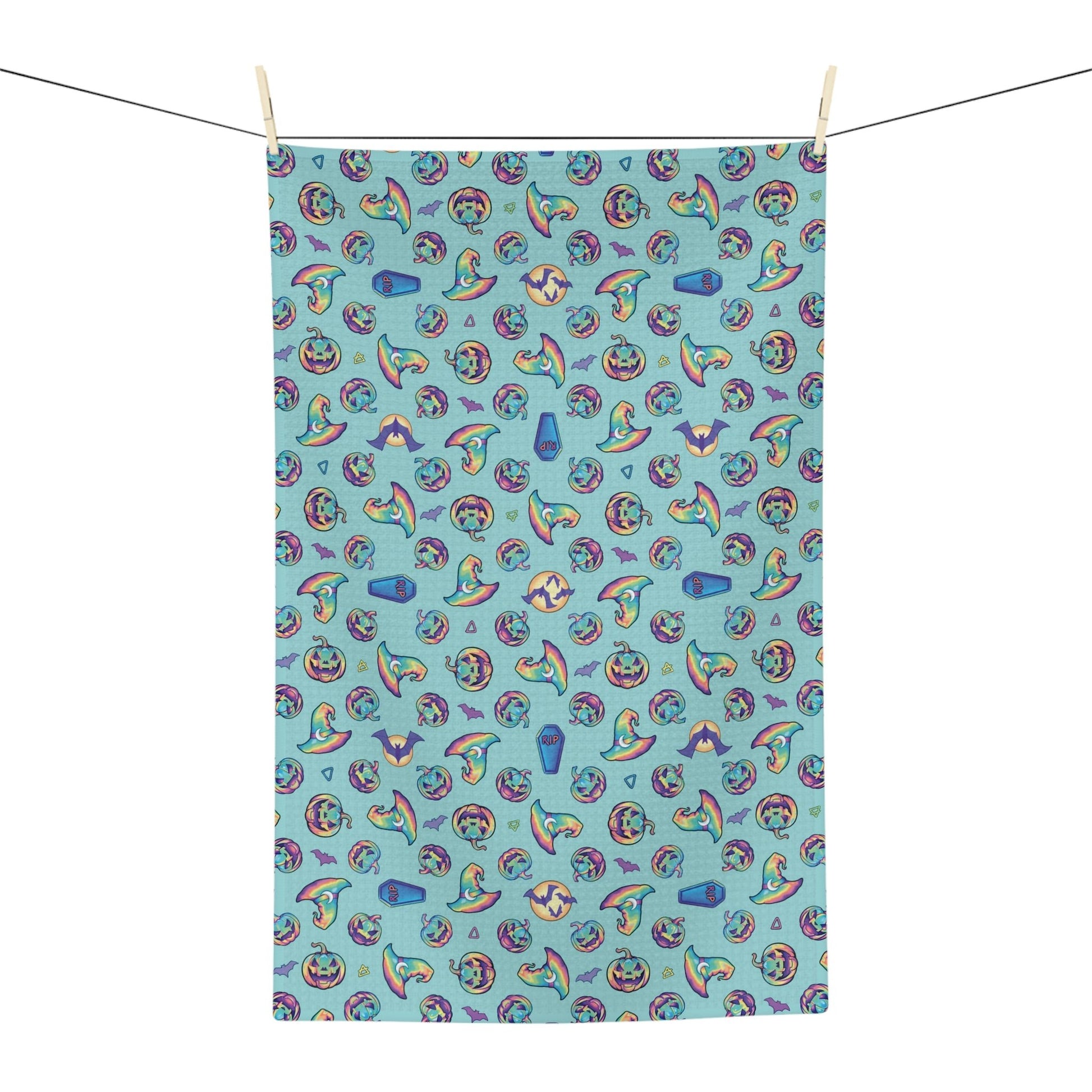 Jack-o’-Lanterns, Bats & Witch Hats Soft Tea Towel - Aqua - Driftless Enchantments