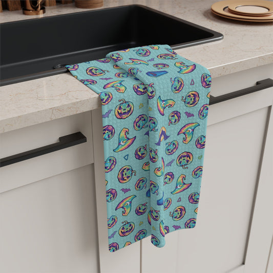 Jack-o’-Lanterns, Bats & Witch Hats Soft Tea Towel - Aqua - Driftless Enchantments