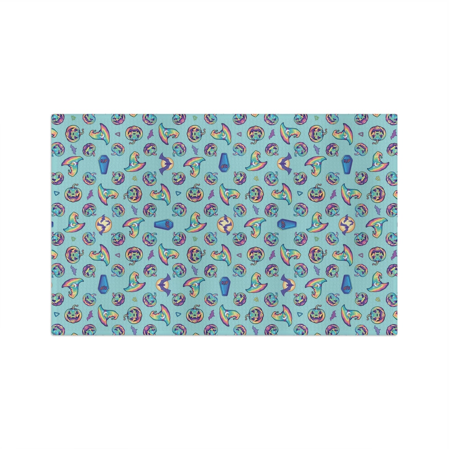 Jack-o’-Lanterns, Bats & Witch Hats Soft Tea Towel - Aqua - Driftless Enchantments