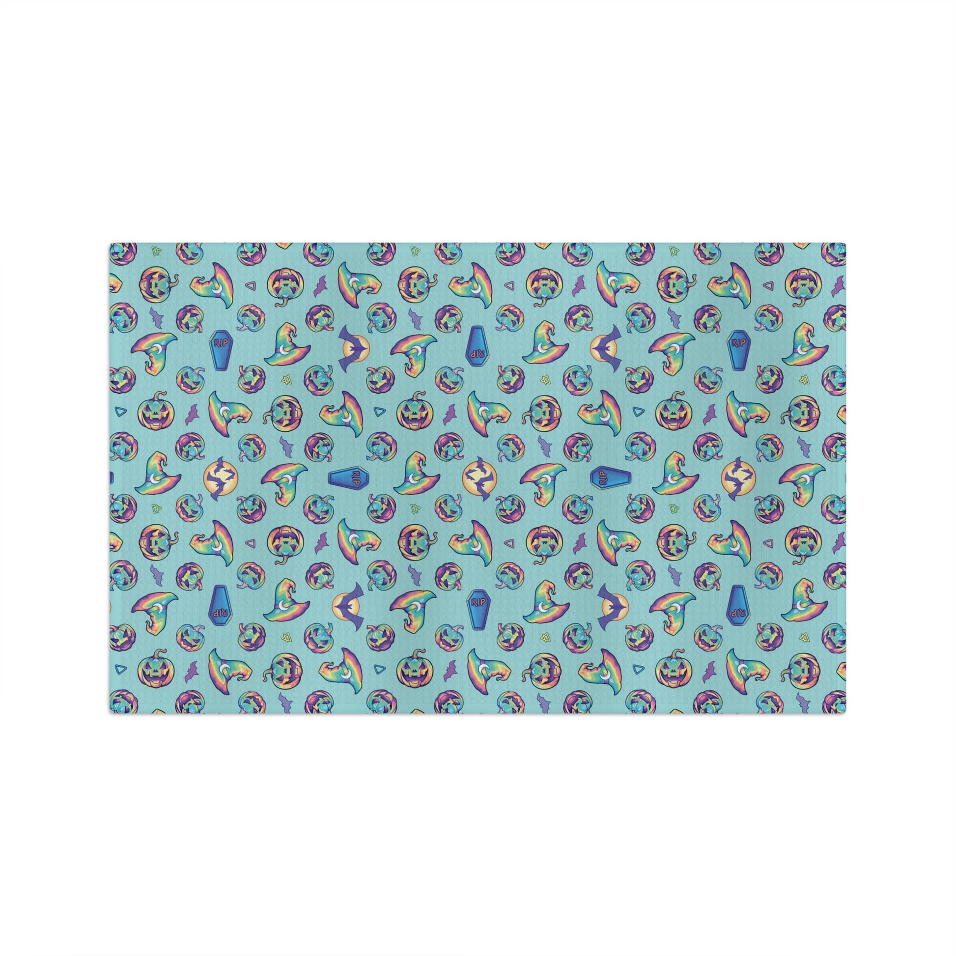 Jack-o’-Lanterns, Bats & Witch Hats Soft Tea Towel - Aqua - Driftless Enchantments