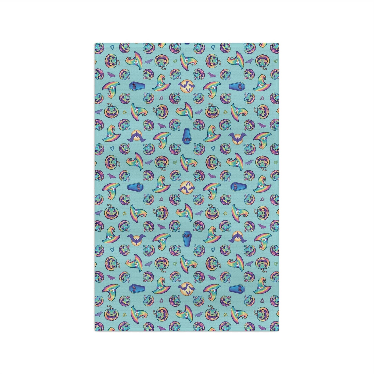 Jack-o’-Lanterns, Bats & Witch Hats Soft Tea Towel - Aqua - Driftless Enchantments