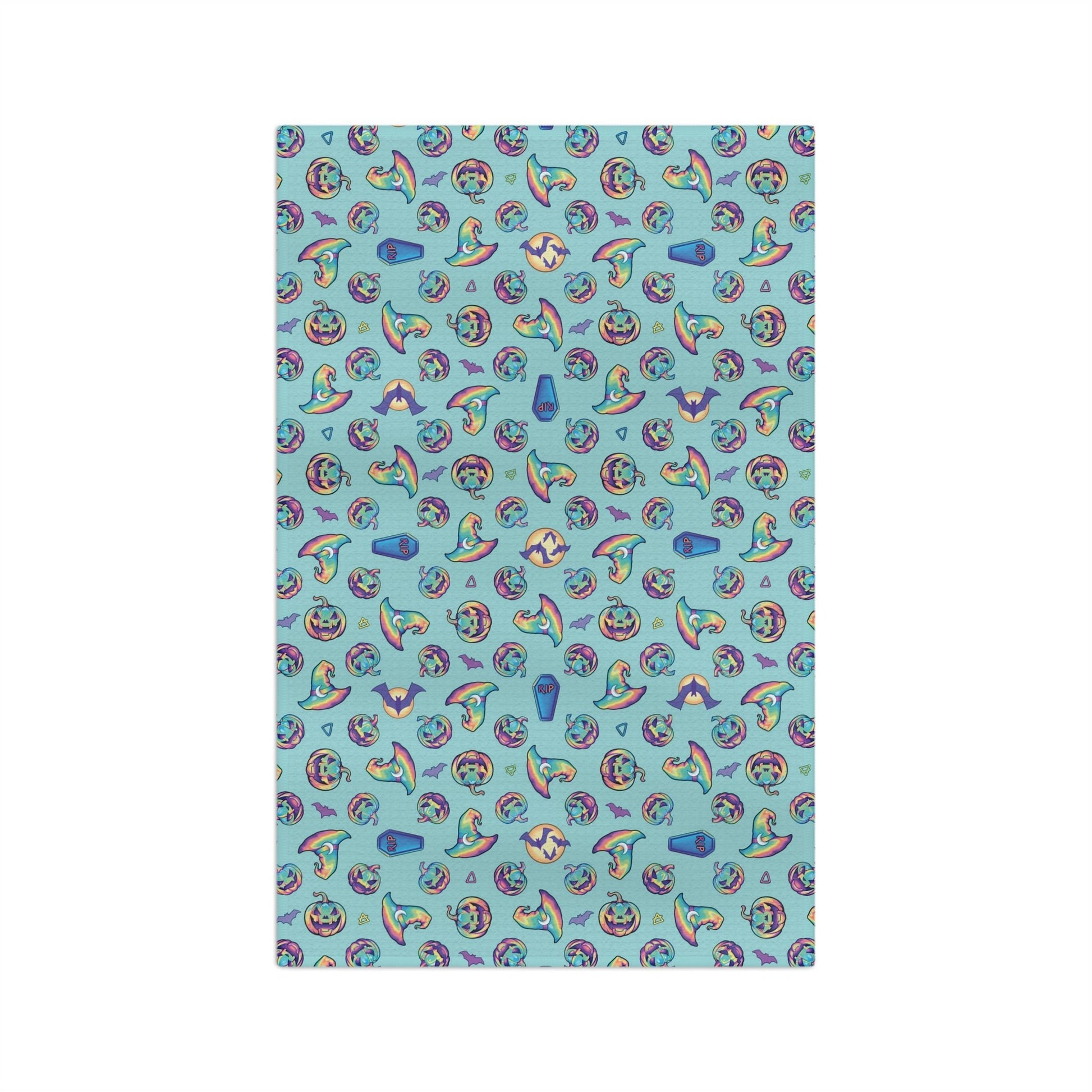 Jack-o’-Lanterns, Bats & Witch Hats Soft Tea Towel - Aqua - Driftless Enchantments