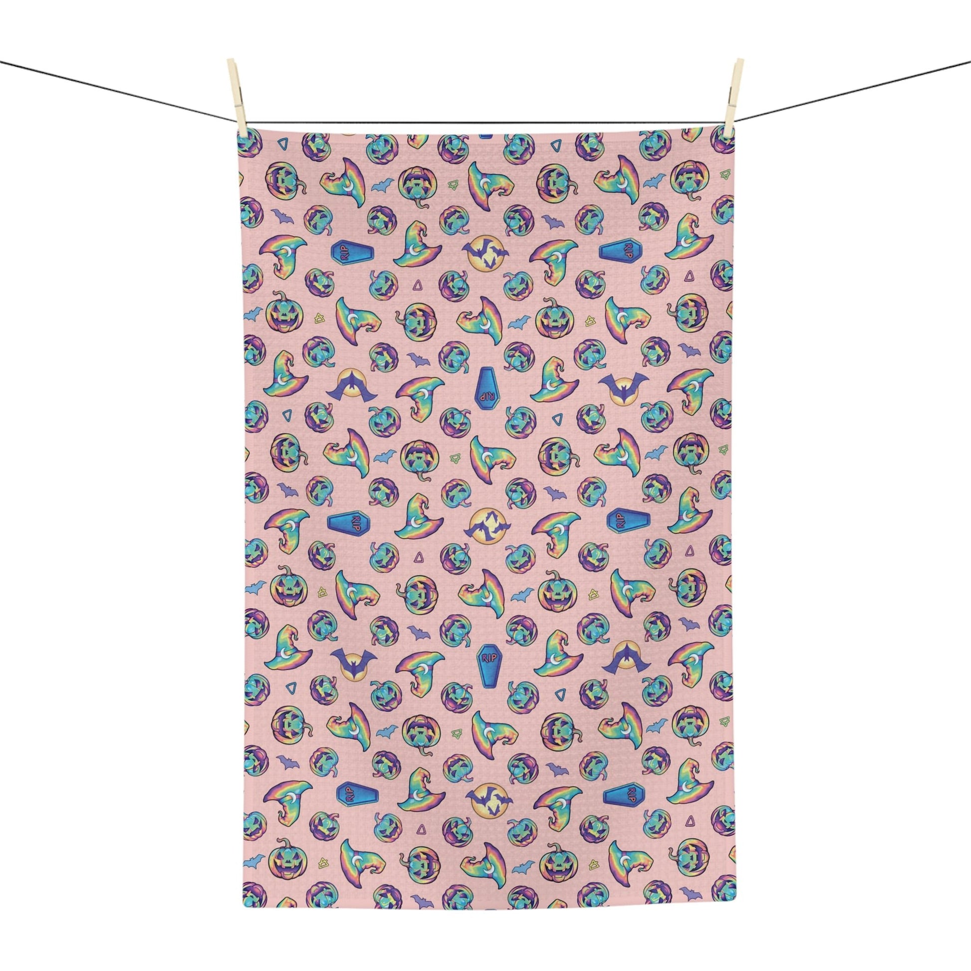 Jack-o’-Lanterns, Bats & Witch Hats Soft Tea Towel - Coral - Driftless Enchantments