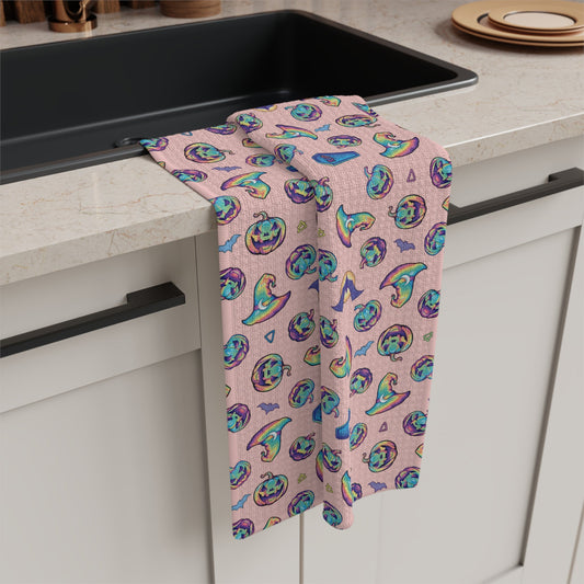Jack-o’-Lanterns, Bats & Witch Hats Soft Tea Towel - Coral - Driftless Enchantments