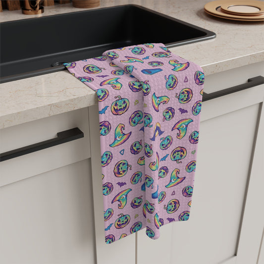 Jack-o’-Lanterns, Bats & Witch Hats Soft Tea Towel - Pink - Driftless Enchantments