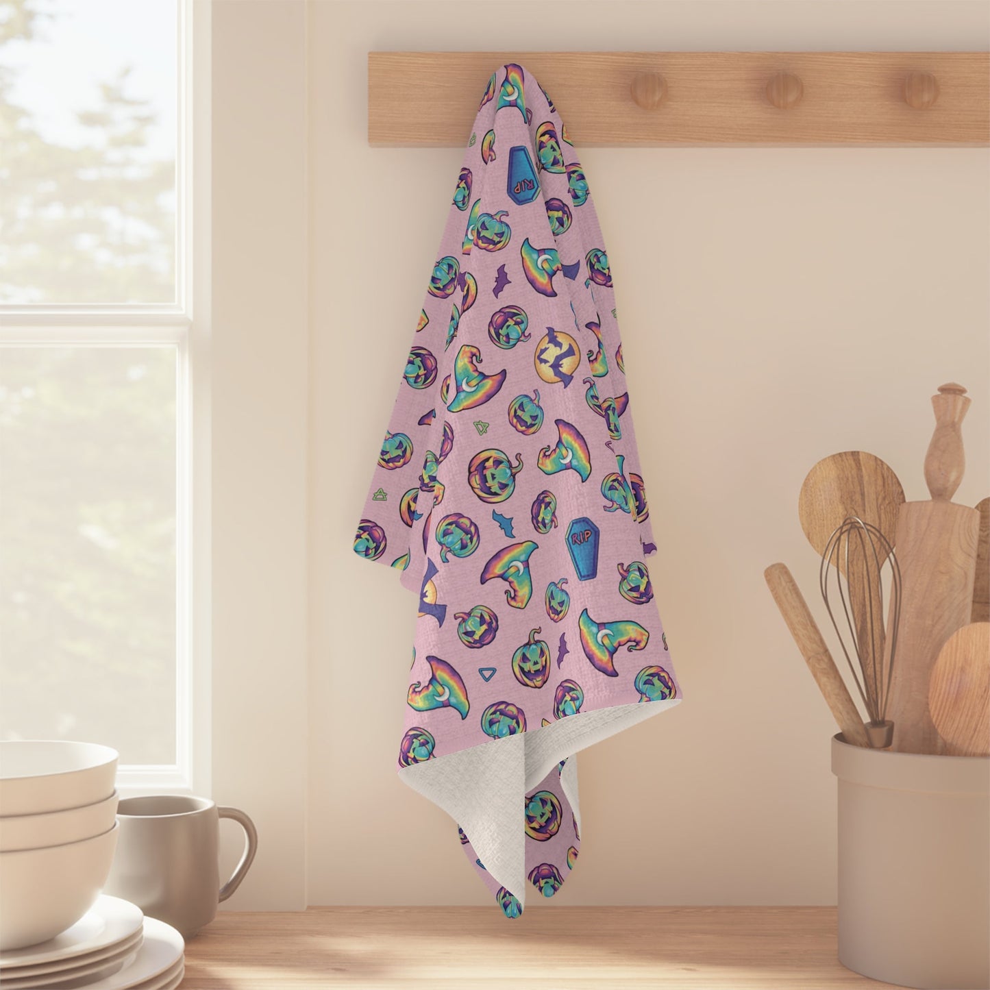 Jack-o’-Lanterns, Bats & Witch Hats Soft Tea Towel - Pink - Driftless Enchantments