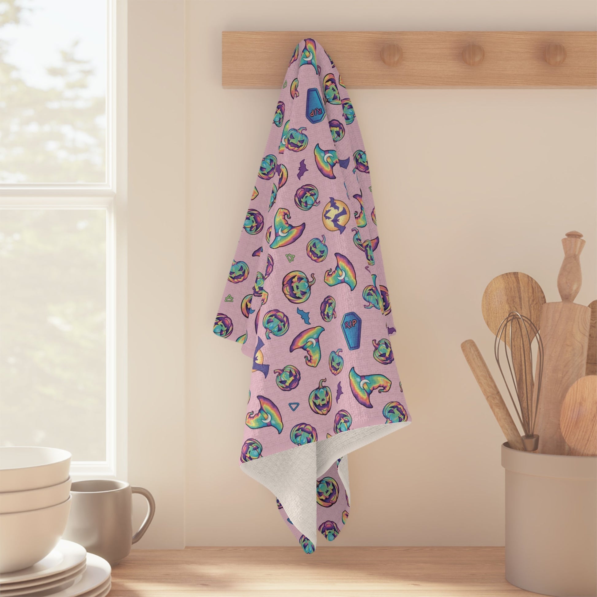 Jack-o’-Lanterns, Bats & Witch Hats Soft Tea Towel - Pink - Driftless Enchantments