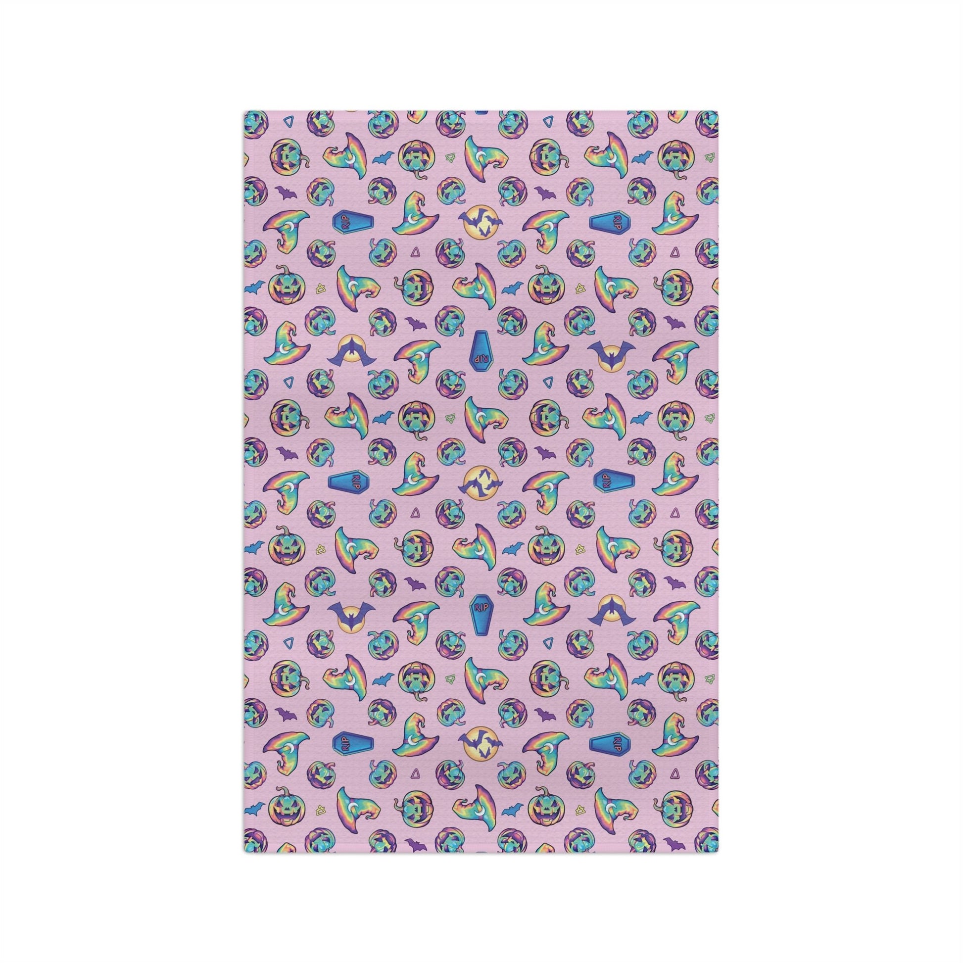 Jack-o’-Lanterns, Bats & Witch Hats Soft Tea Towel - Pink - Driftless Enchantments