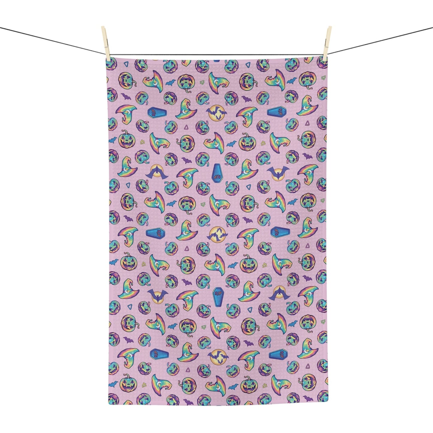Jack-o’-Lanterns, Bats & Witch Hats Soft Tea Towel - Pink - Driftless Enchantments