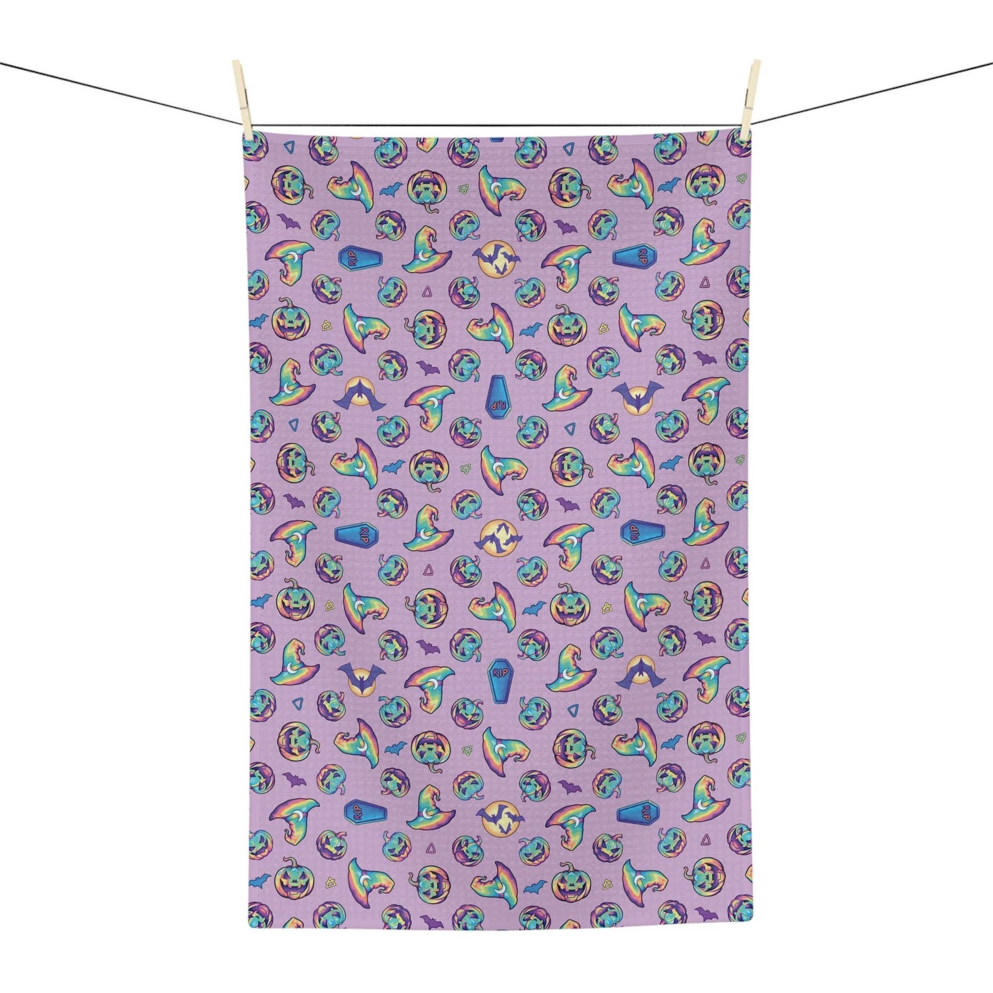 Jack-o’-Lanterns, Bats & Witch Hats Soft Tea Towel - Purple - Driftless Enchantments