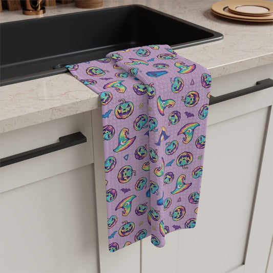 Jack-o’-Lanterns, Bats & Witch Hats Soft Tea Towel - Purple - Driftless Enchantments