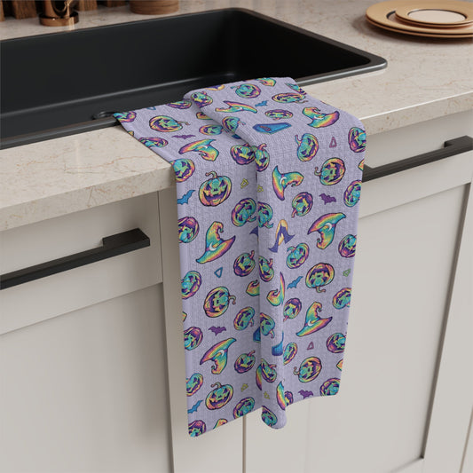 Jack-o’-Lanterns, Bats & Witch Hats Soft Tea Towel - Violet - Driftless Enchantments