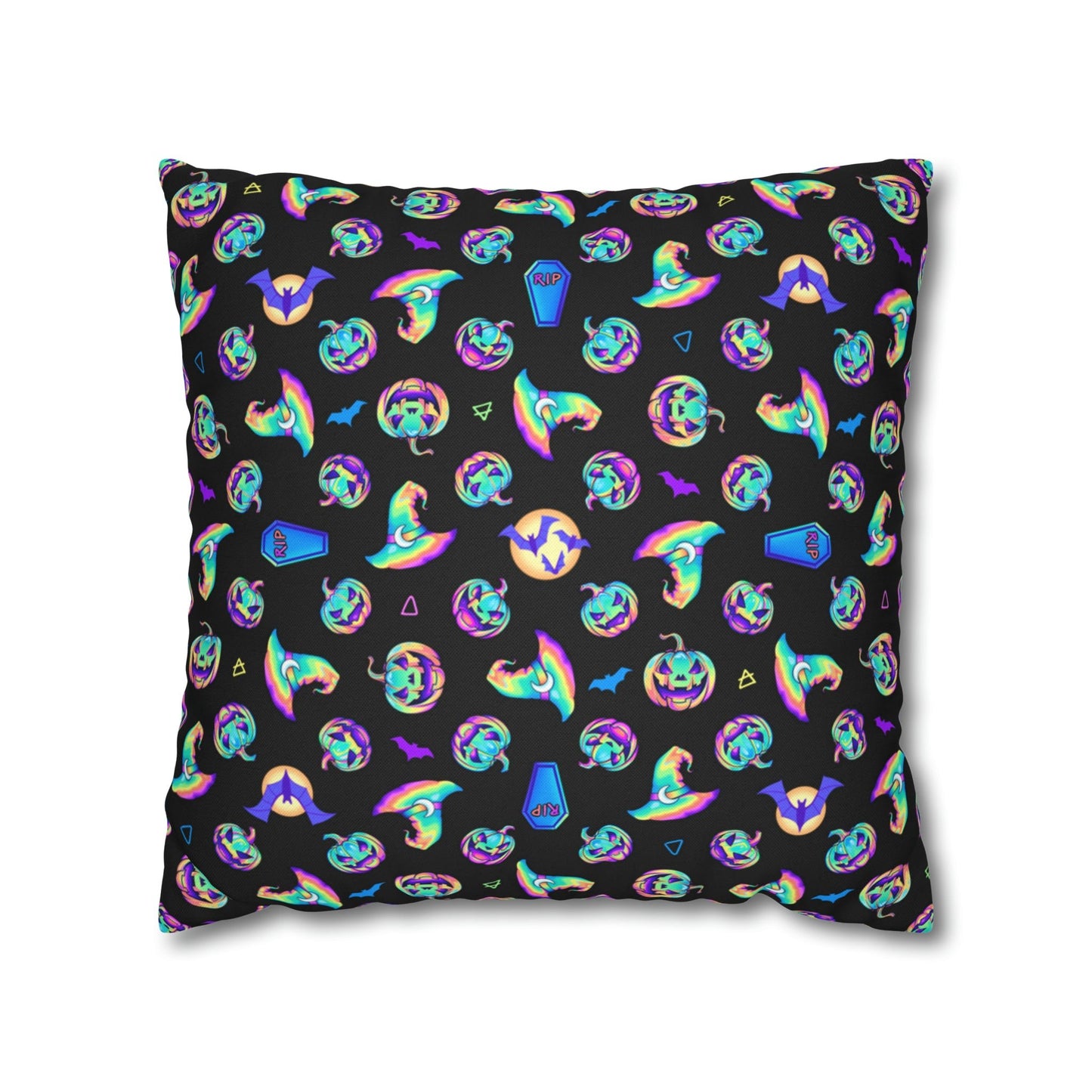 Jack-o’-Lanterns, Bats & Witch Hats Square Pillow Case - Black - Driftless Enchantments