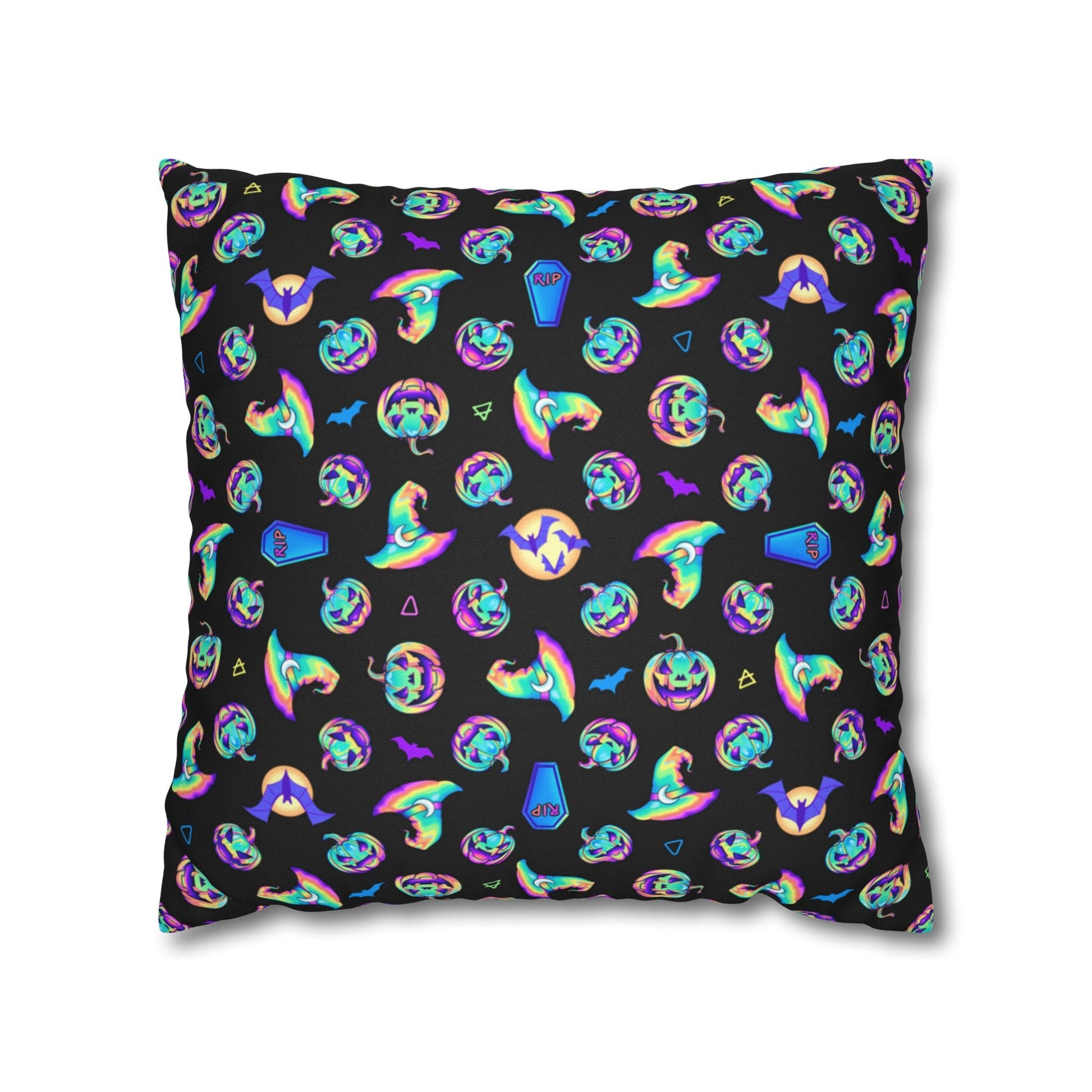 Jack-o’-Lanterns, Bats & Witch Hats Square Pillow Case - Black - Driftless Enchantments