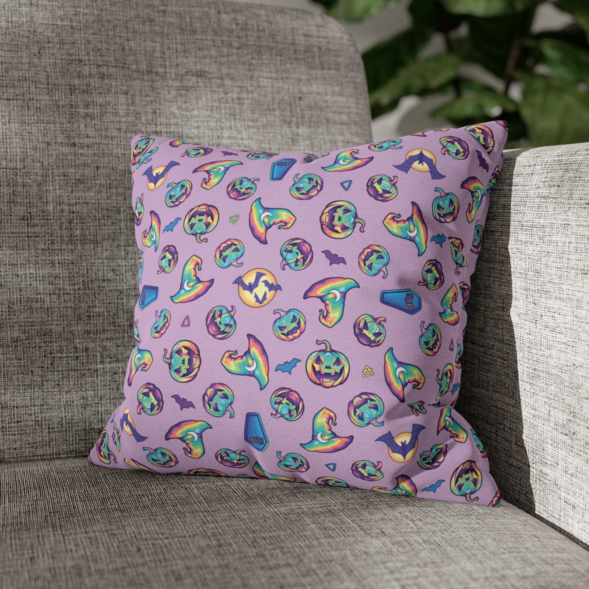 Jack-o’-Lanterns, Bats & Witch Hats Square Pillow Case - Purple - Driftless Enchantments
