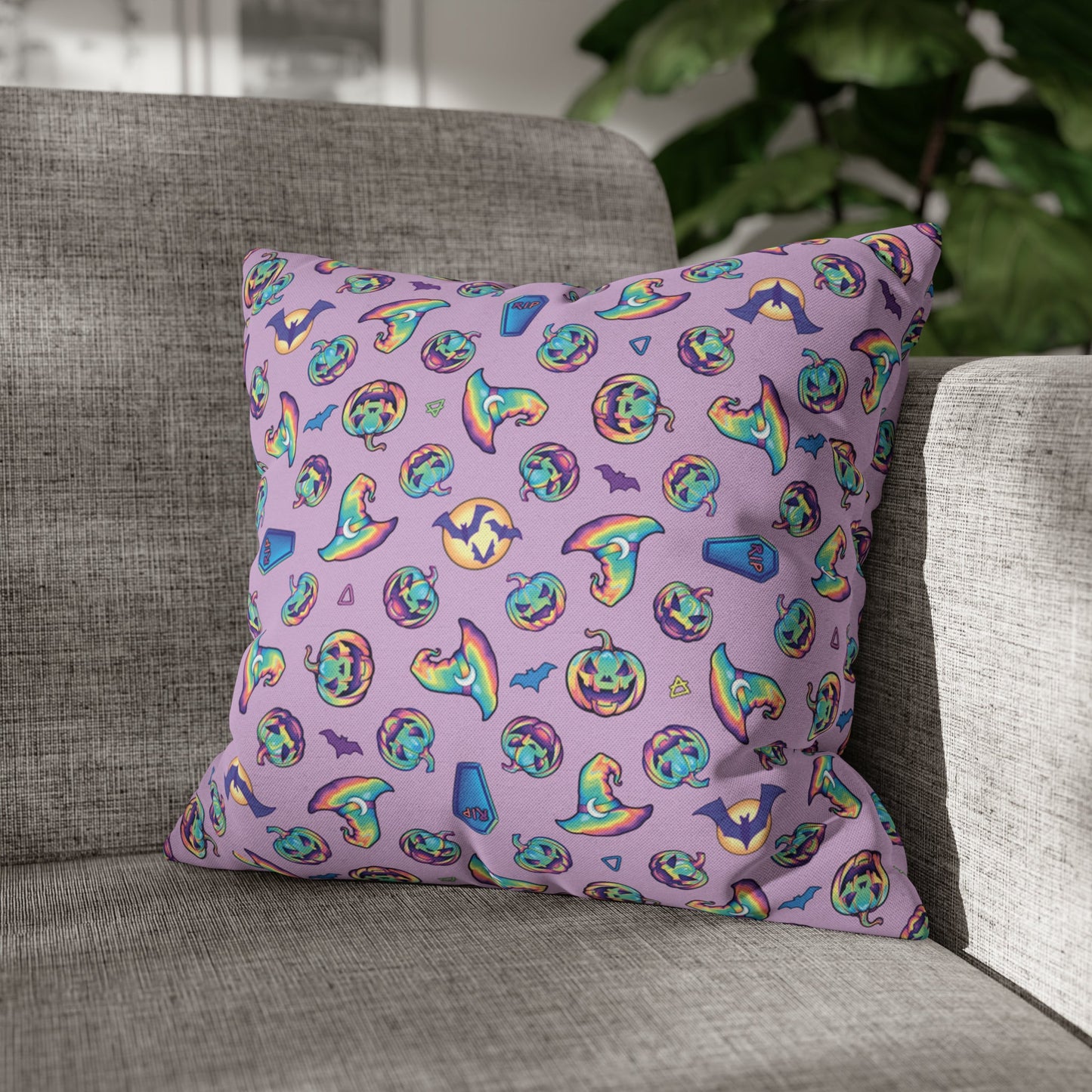 Jack-o’-Lanterns, Bats & Witch Hats Square Pillow Case - Purple - Driftless Enchantments