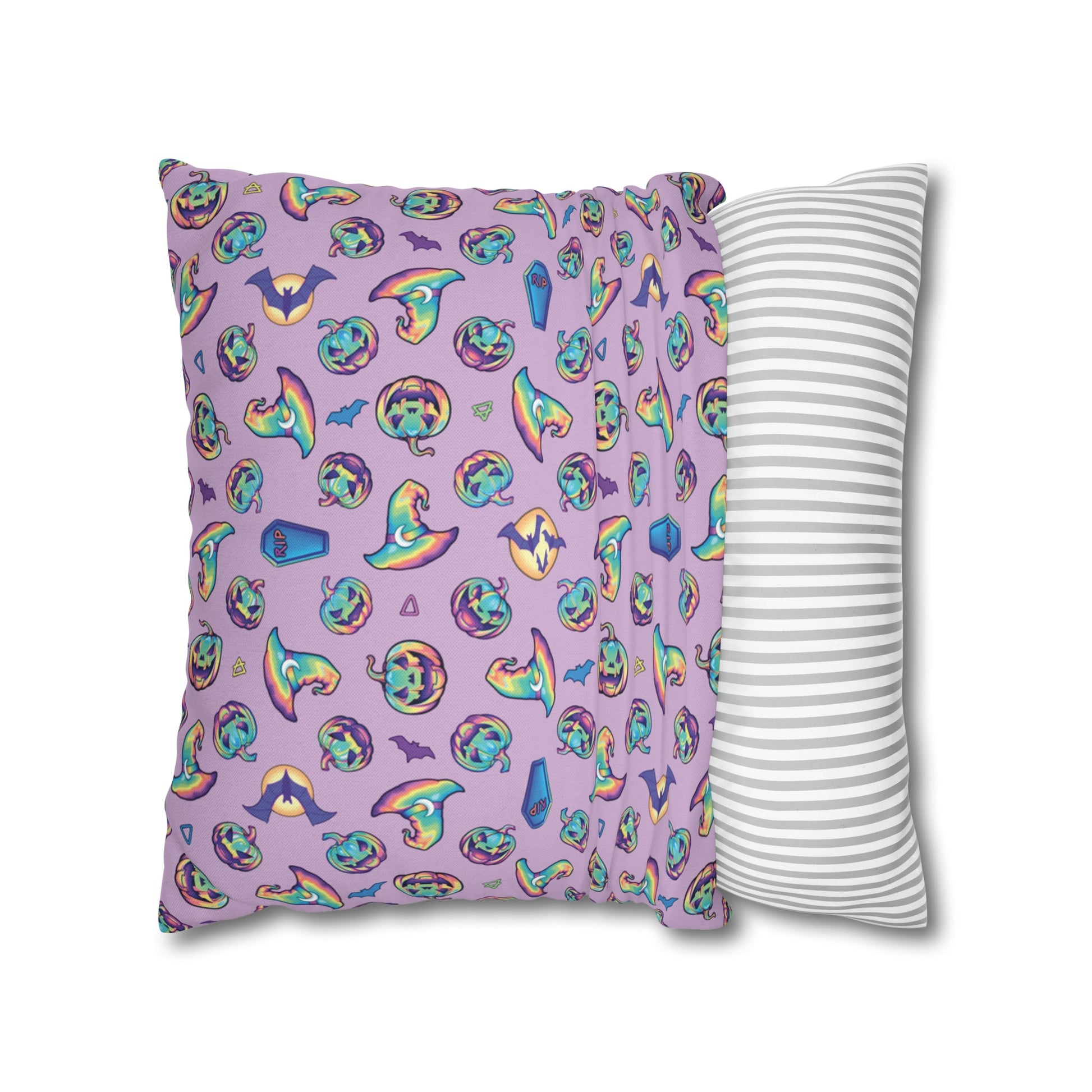 Jack-o’-Lanterns, Bats & Witch Hats Square Pillow Case - Purple - Driftless Enchantments