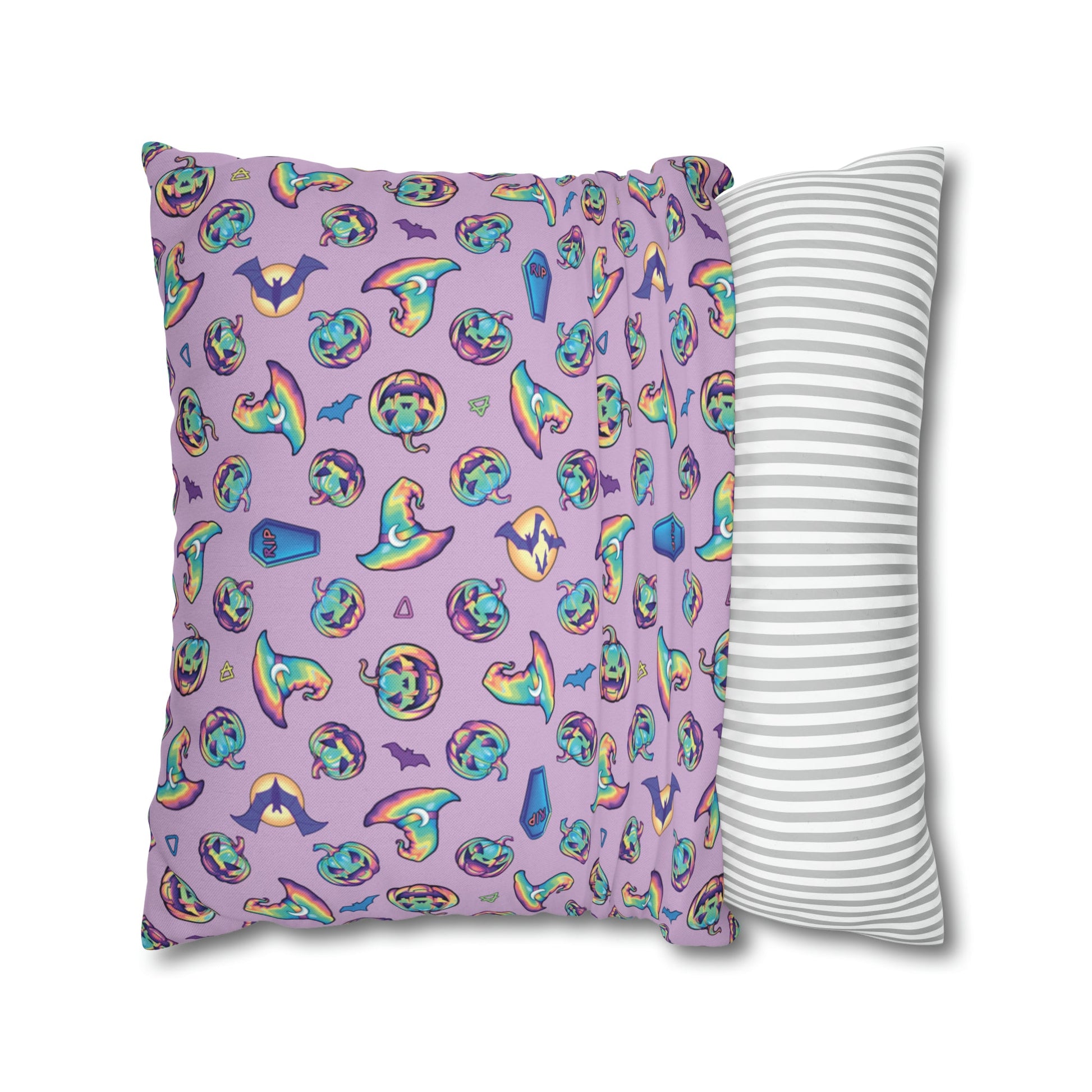 Jack-o’-Lanterns, Bats & Witch Hats Square Pillow Case - Purple - Driftless Enchantments