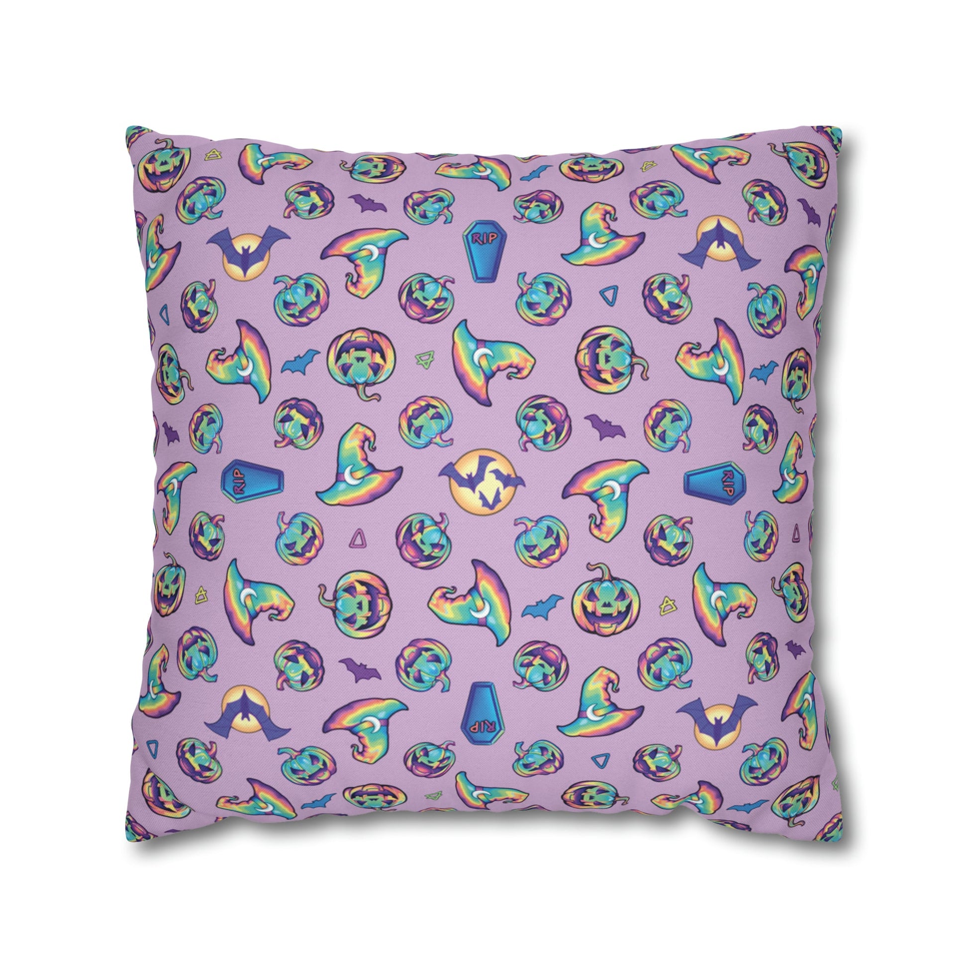 Jack-o’-Lanterns, Bats & Witch Hats Square Pillow Case - Purple - Driftless Enchantments