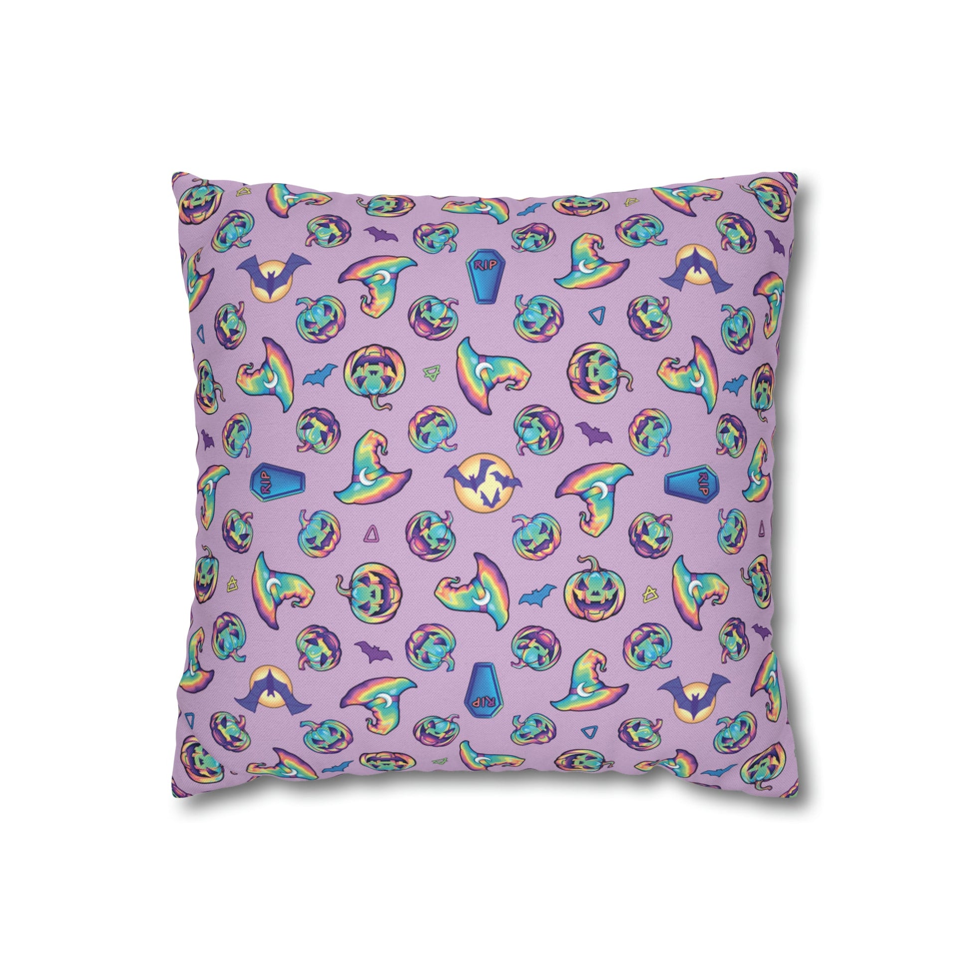 Jack-o’-Lanterns, Bats & Witch Hats Square Pillow Case - Purple - Driftless Enchantments