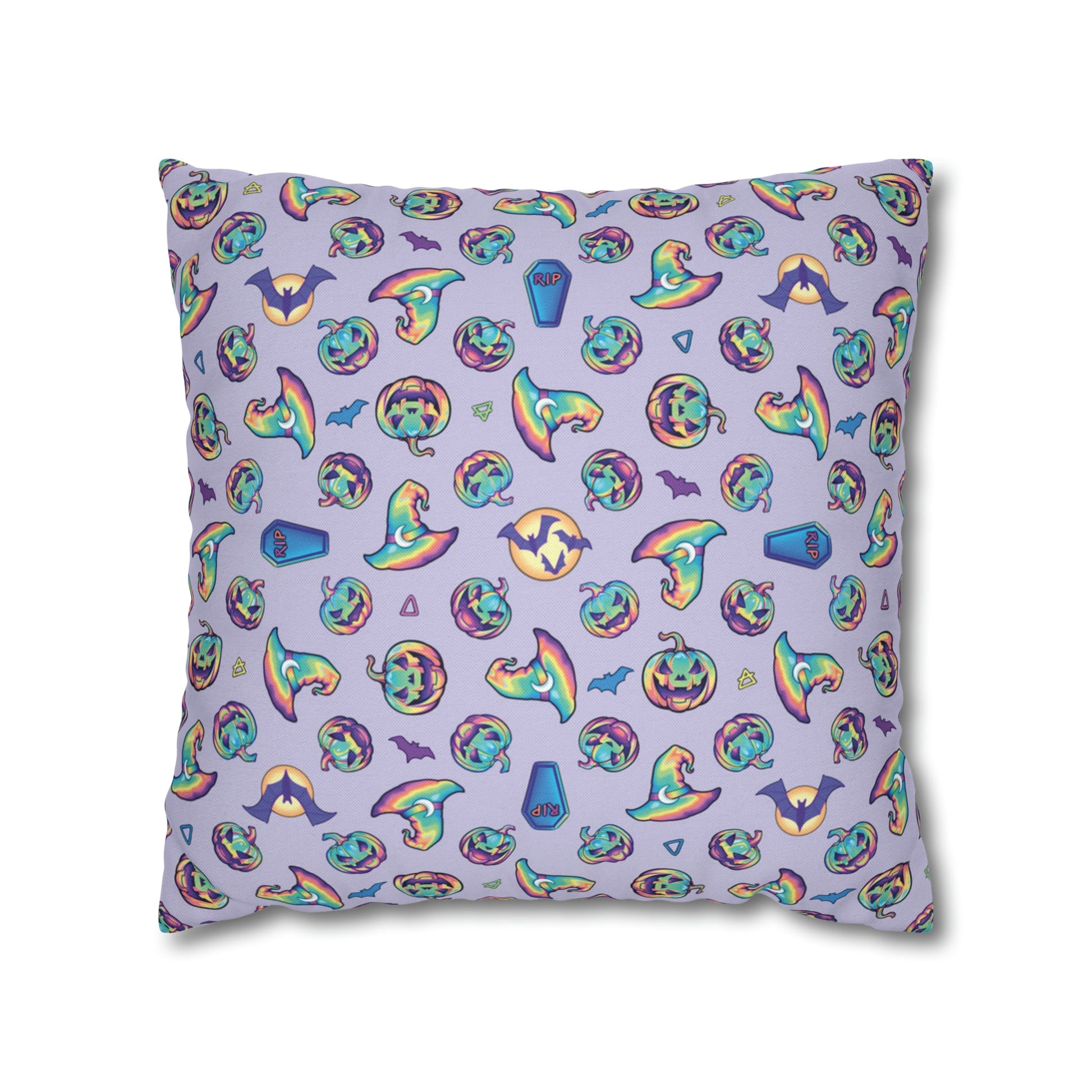 Jack-o’-Lanterns, Bats & Witch Hats Square Pillow Case - Violet - Driftless Enchantments