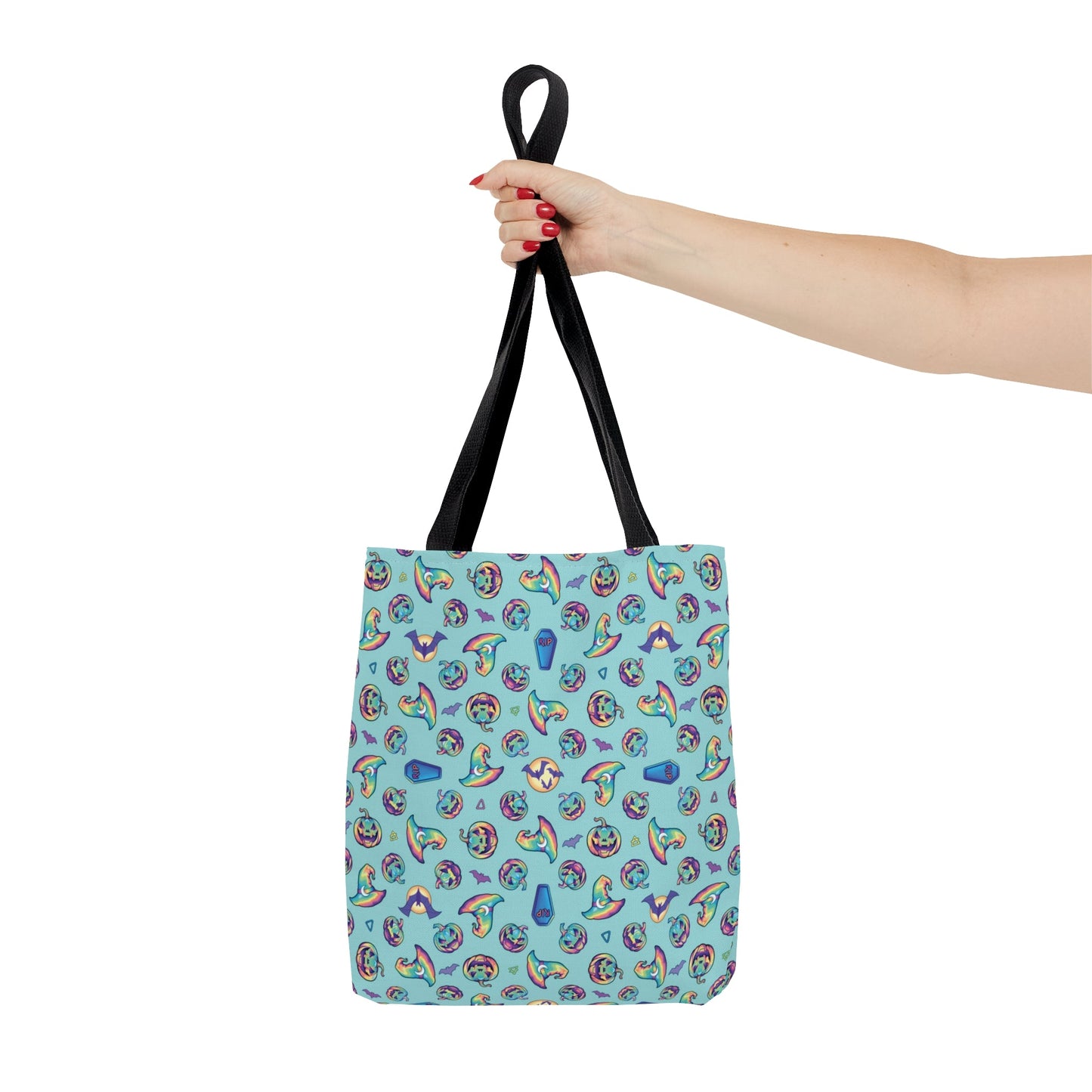 Jack-o’-Lanterns, Bats & Witch Hats Tote Bag - Aqua - Driftless Enchantments