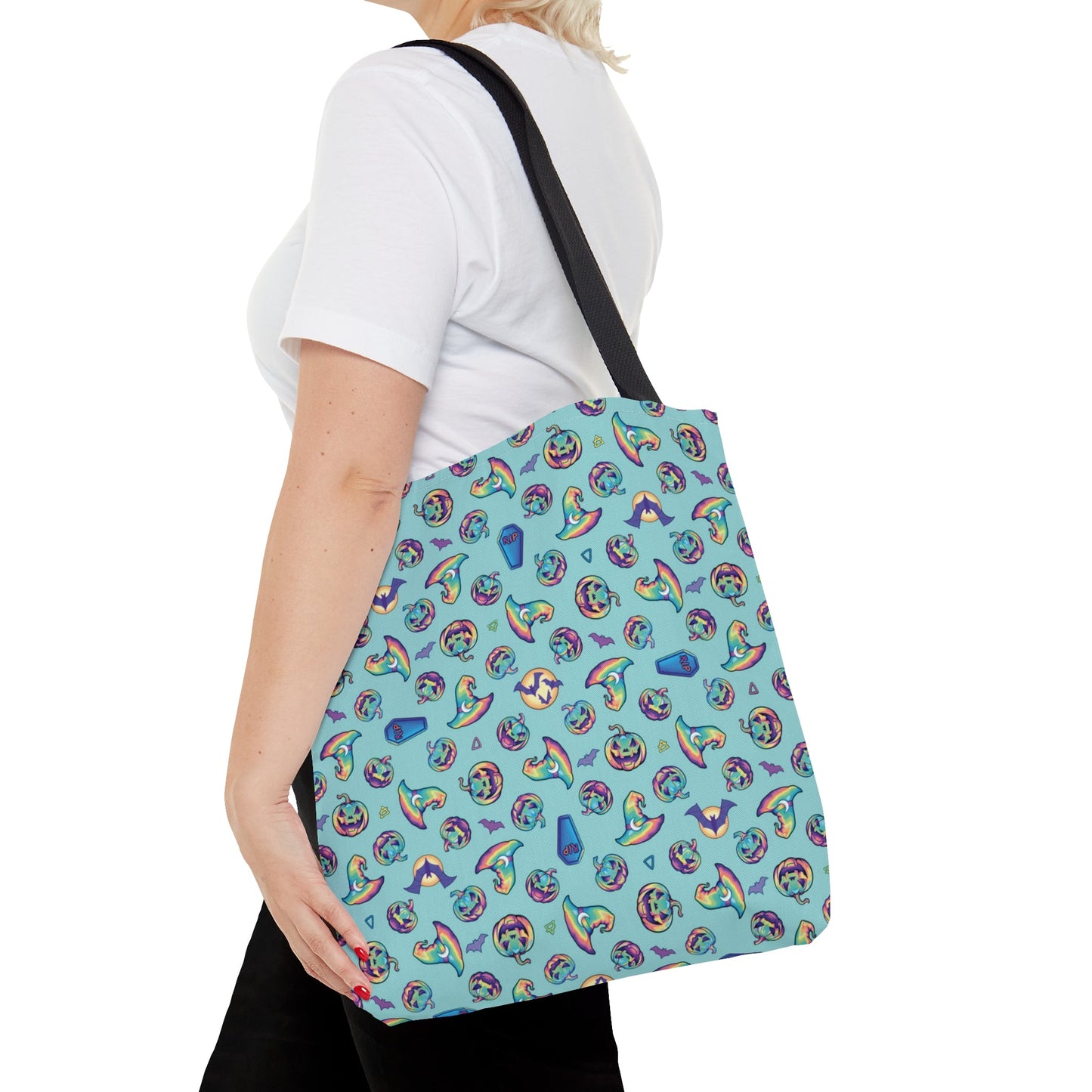 Jack-o’-Lanterns, Bats & Witch Hats Tote Bag - Aqua - Driftless Enchantments
