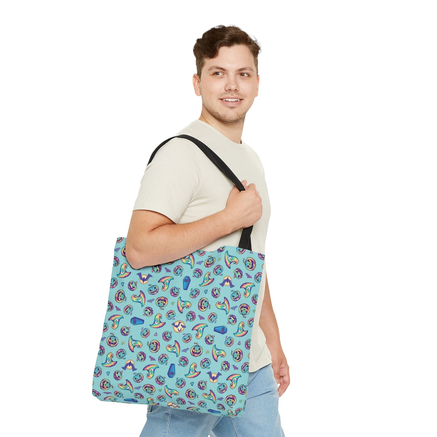Jack-o’-Lanterns, Bats & Witch Hats Tote Bag - Aqua - Driftless Enchantments