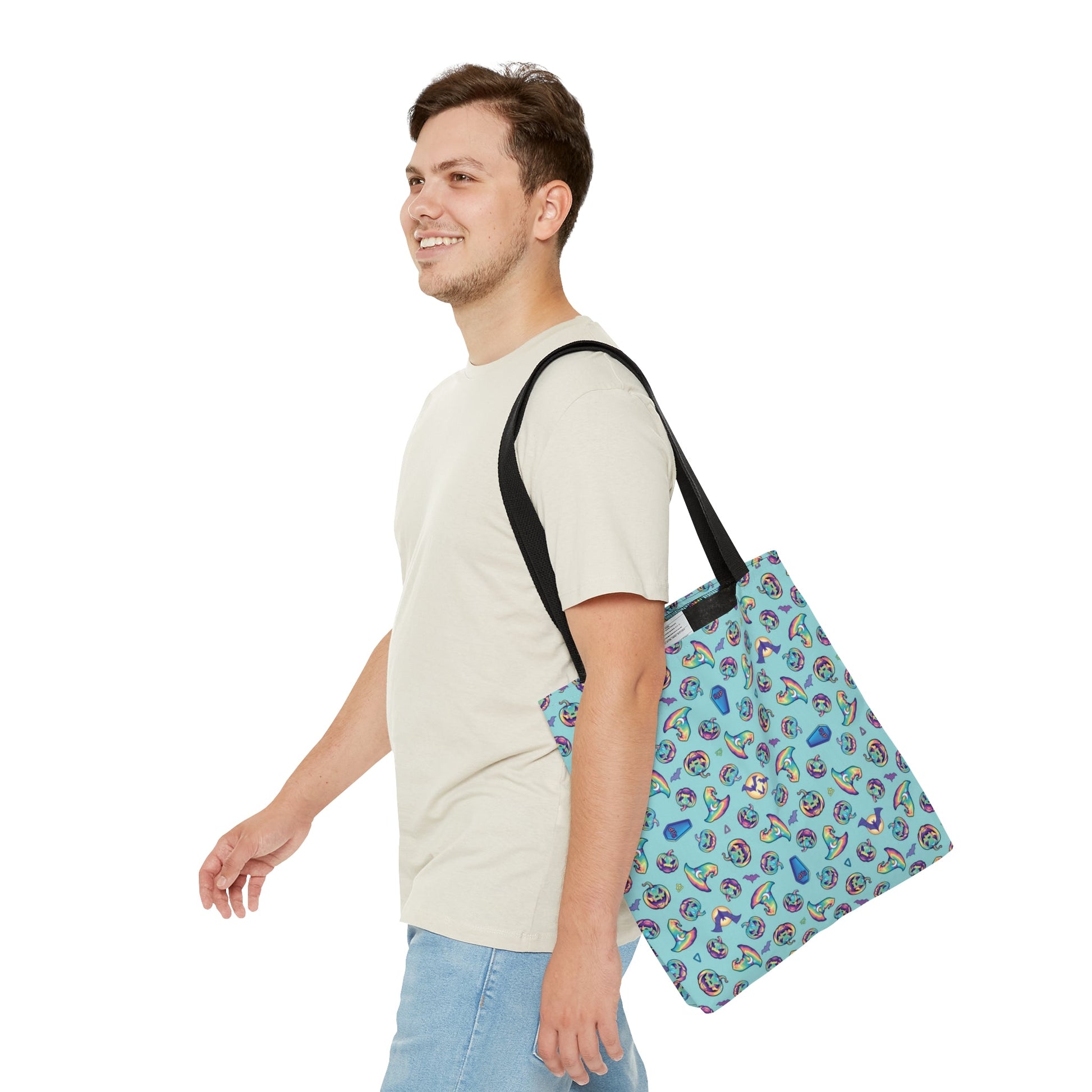 Jack-o’-Lanterns, Bats & Witch Hats Tote Bag - Aqua - Driftless Enchantments