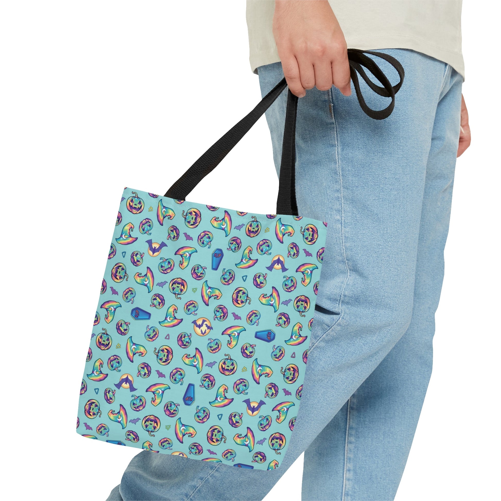 Jack-o’-Lanterns, Bats & Witch Hats Tote Bag - Aqua - Driftless Enchantments