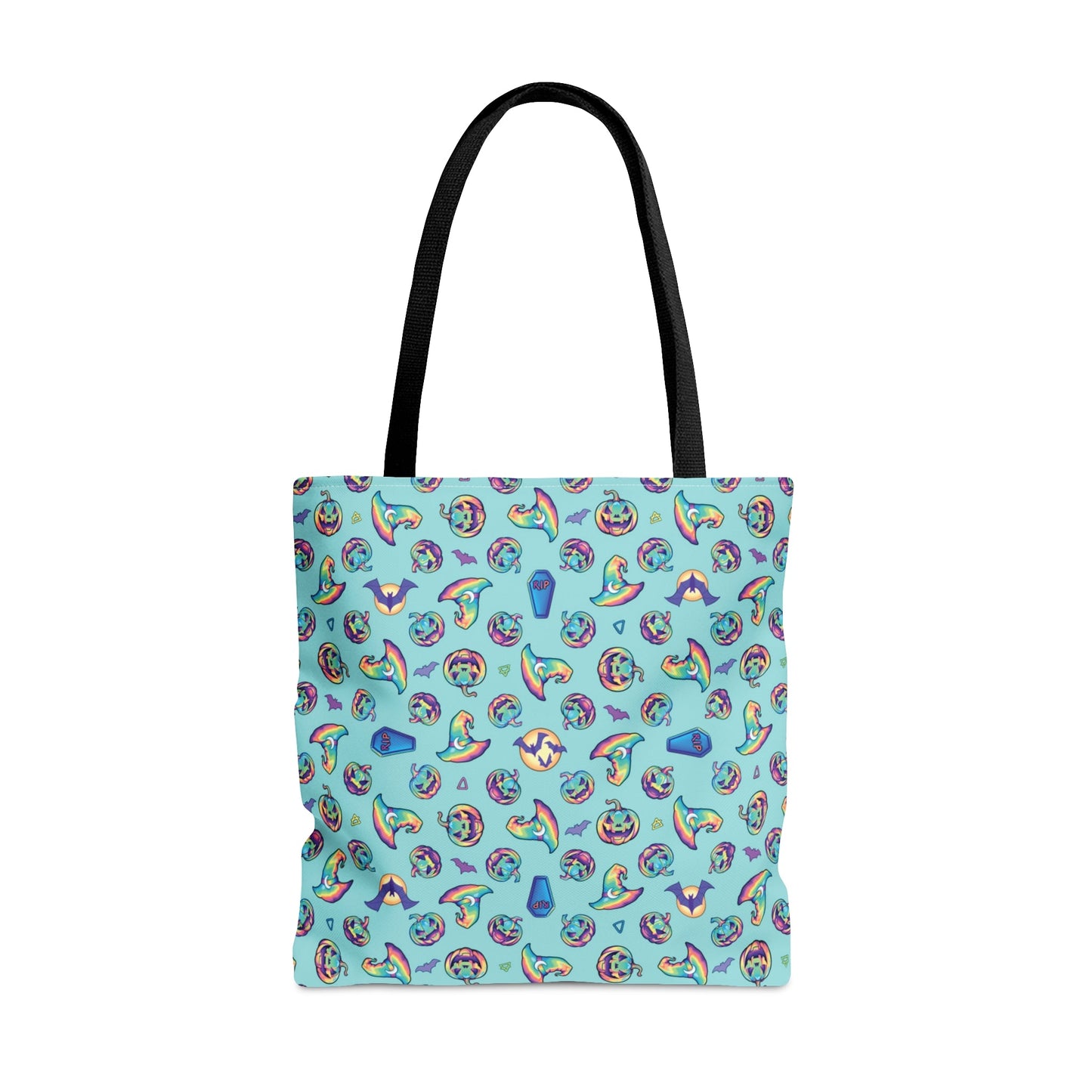 Jack-o’-Lanterns, Bats & Witch Hats Tote Bag - Aqua - Driftless Enchantments
