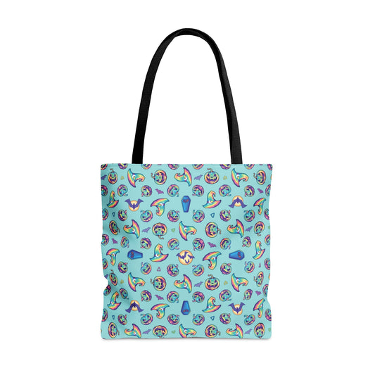 Jack-o’-Lanterns, Bats & Witch Hats Tote Bag - Aqua - Driftless Enchantments